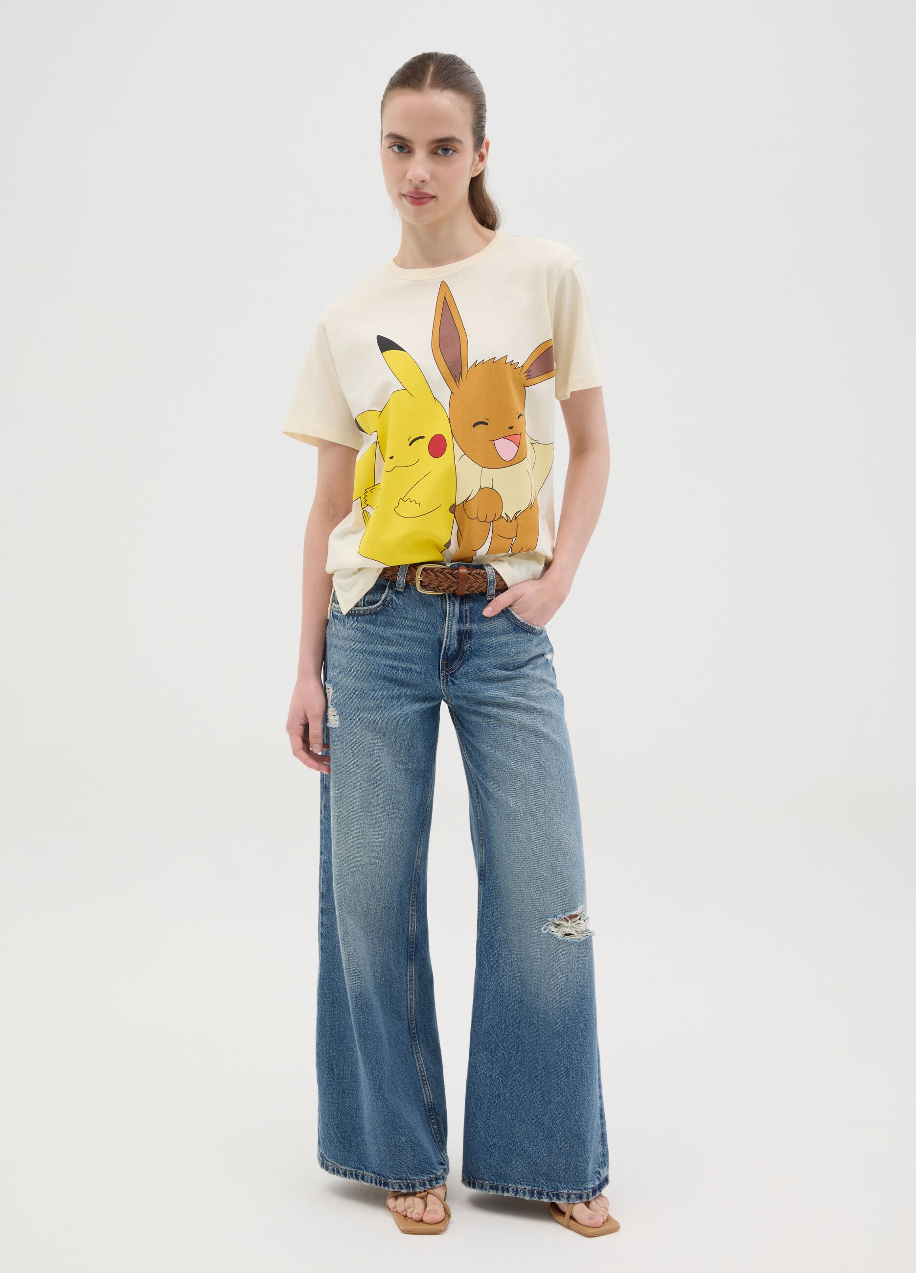 White cotton T-shirt with Eevee and Pikachu print