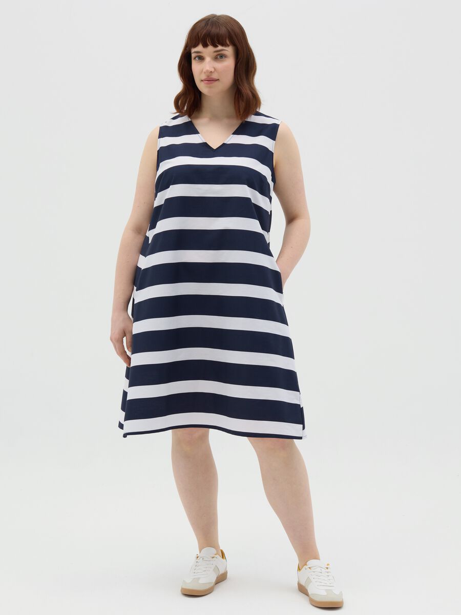 Sleeveless blue and white striped cotton dress_0