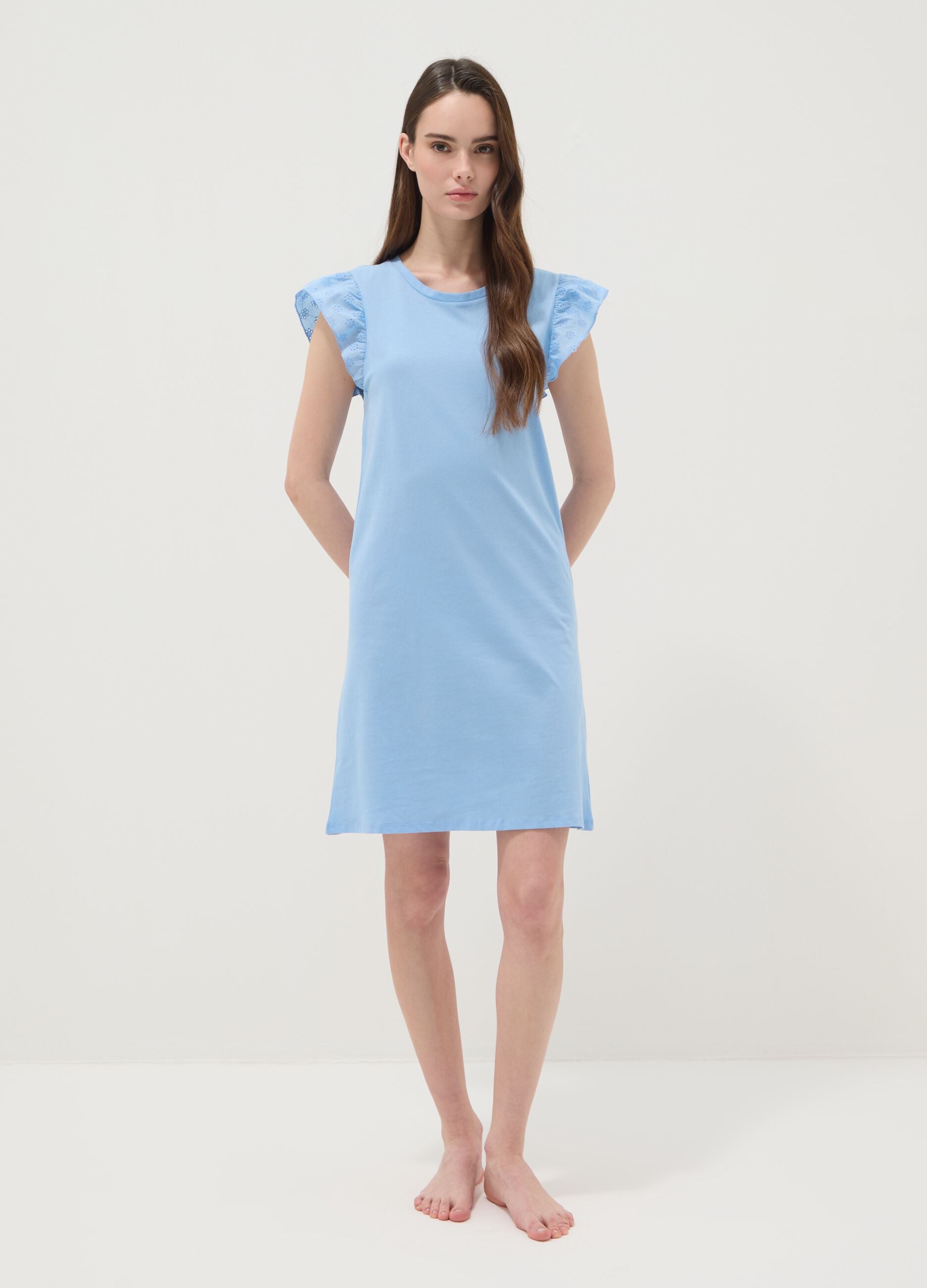 Sky-blue pure cotton nightdress with ruffle trim
