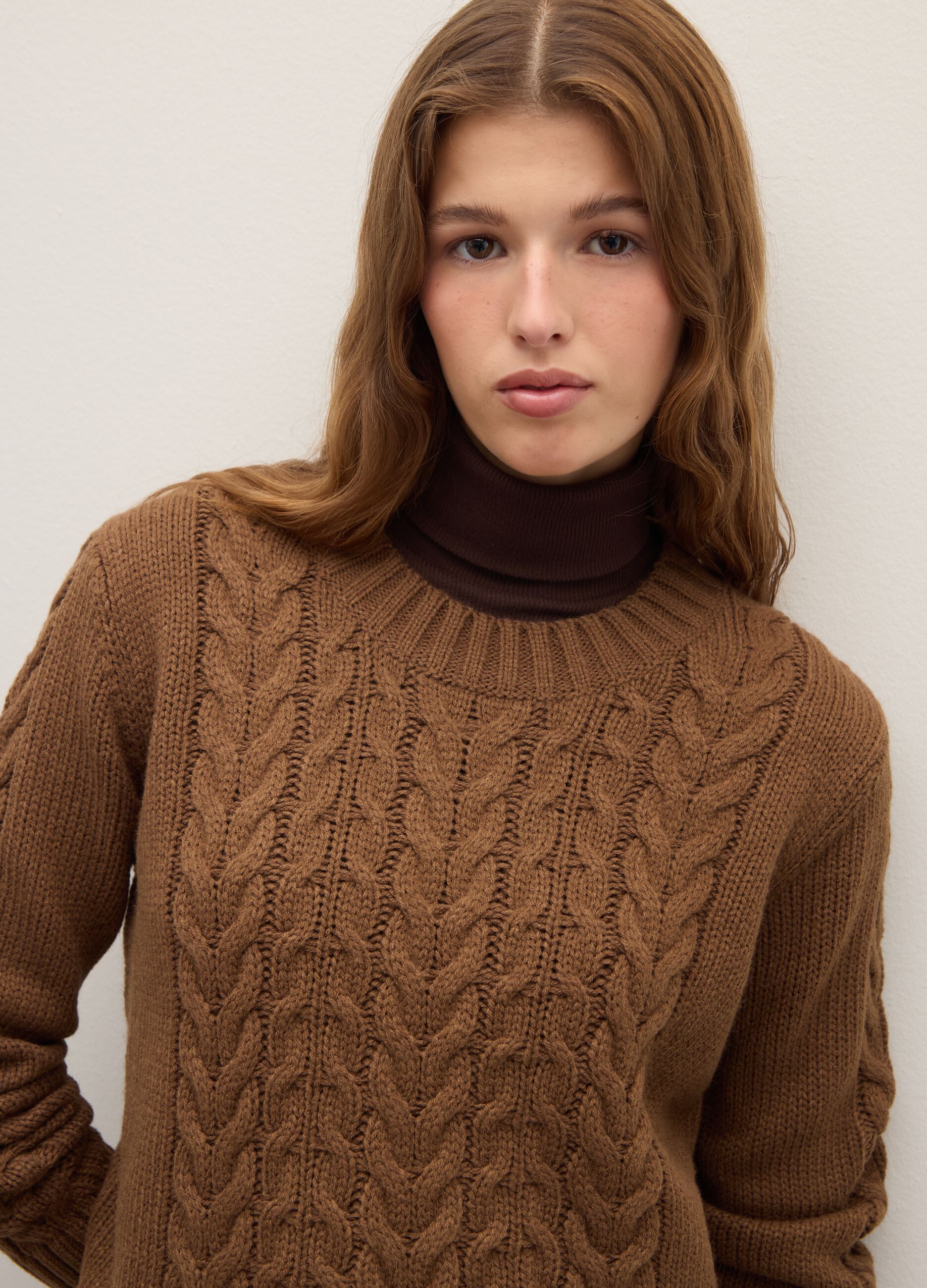 Brown regular fit cable knit jumper