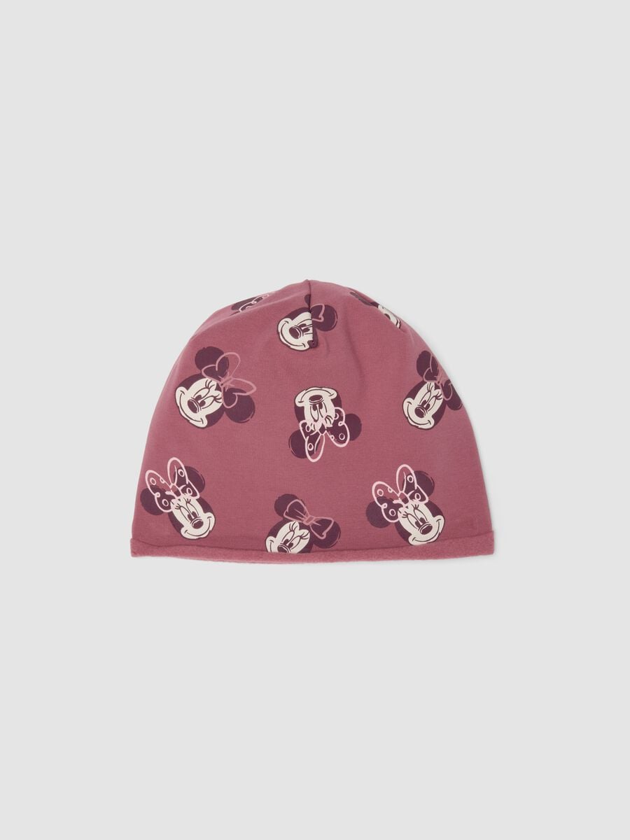 Cappello rosa in cotone organico elasticizzato con stampa Minnie per bimba_0