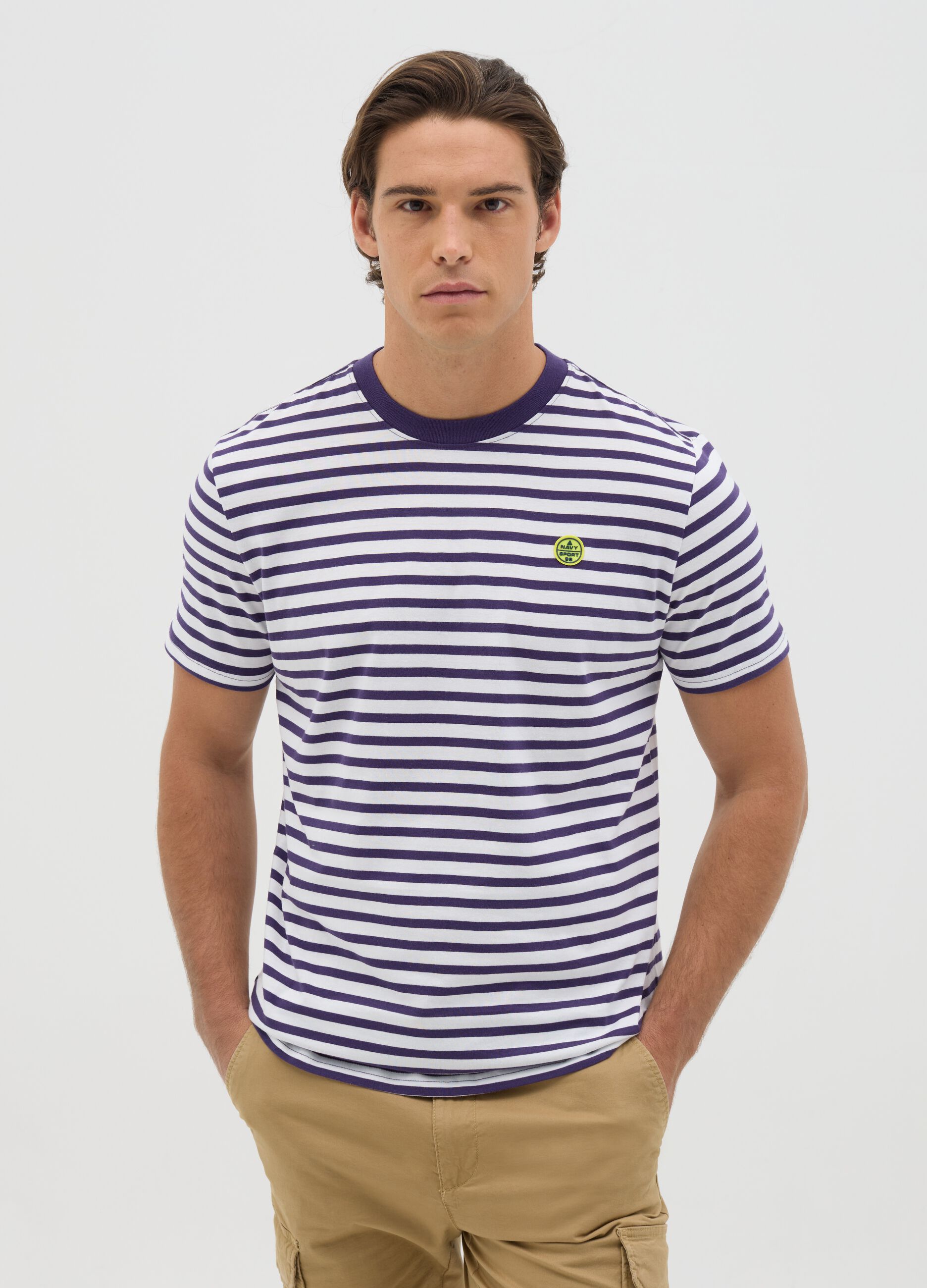 Blue and white striped T-shirt with logo