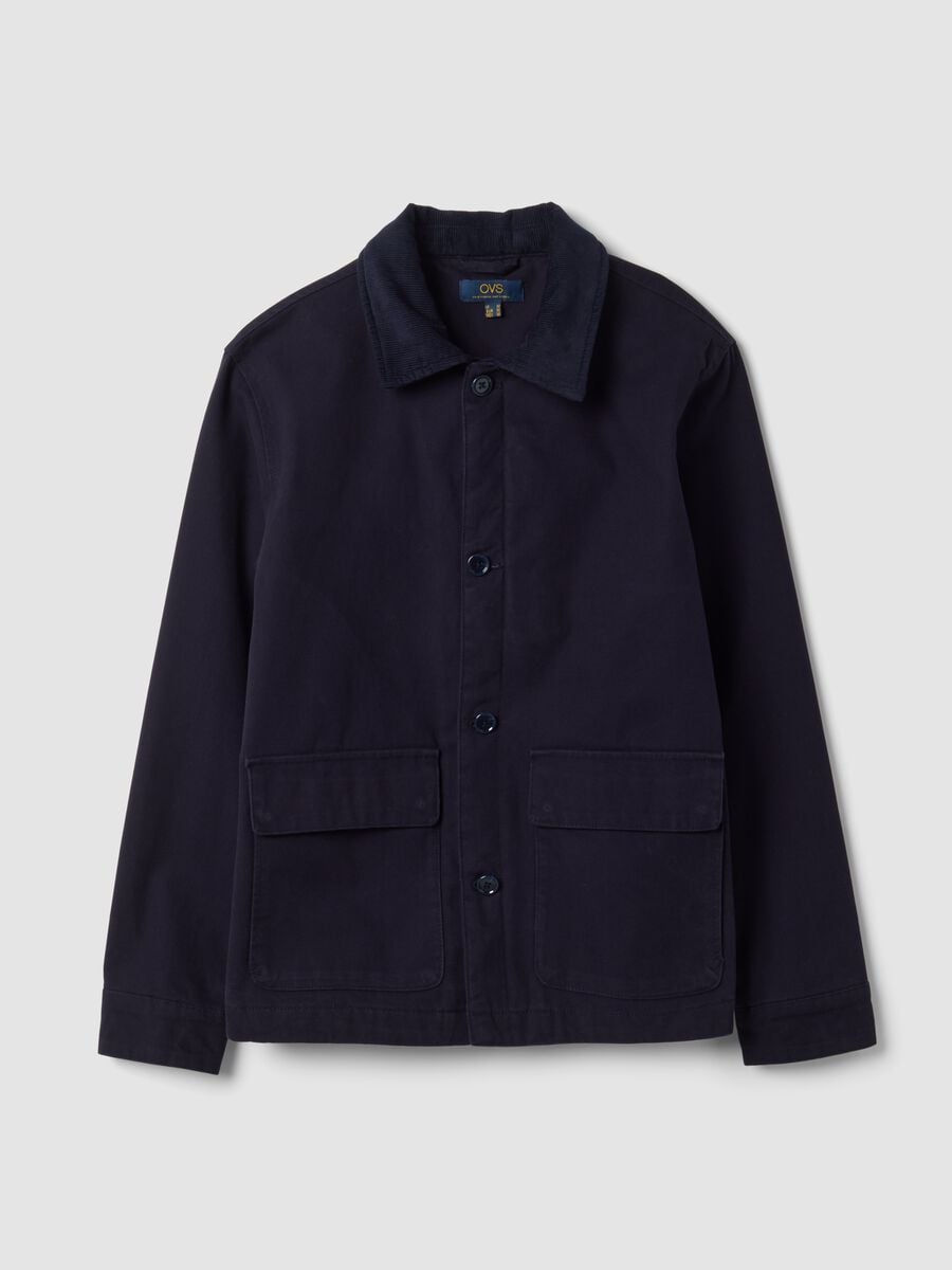 Navy blue padded pure cotton shacket, regular fit, with contrast collar_0