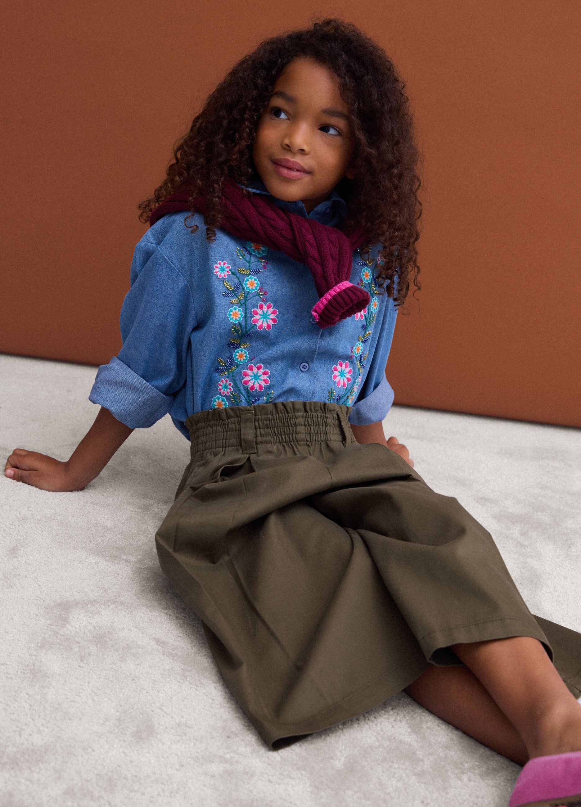Green wide-leg jogger trousers in cotton and lyocell blend for girls