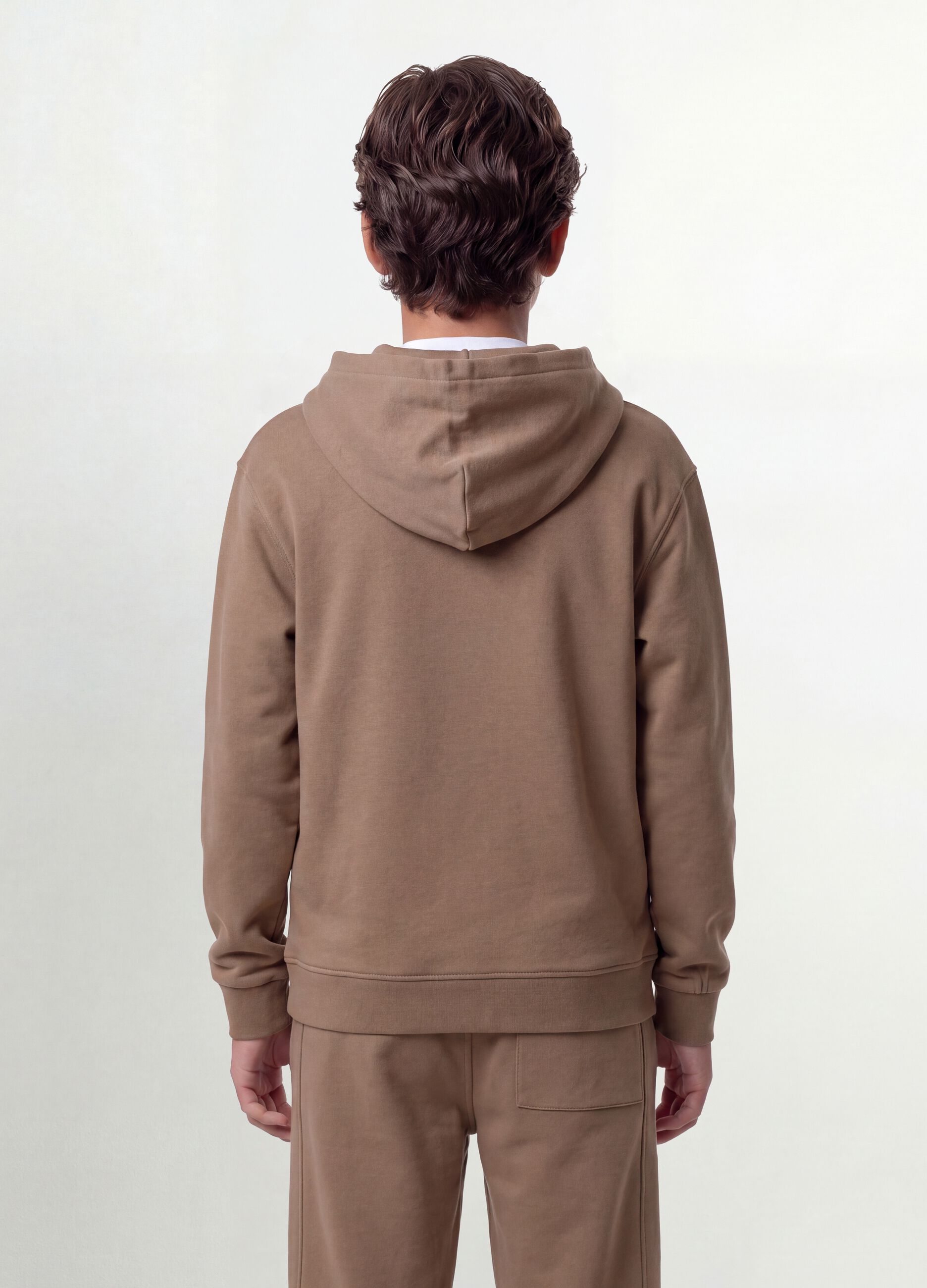 Beige organic cotton zip-up hoodie for boys, relaxed fit