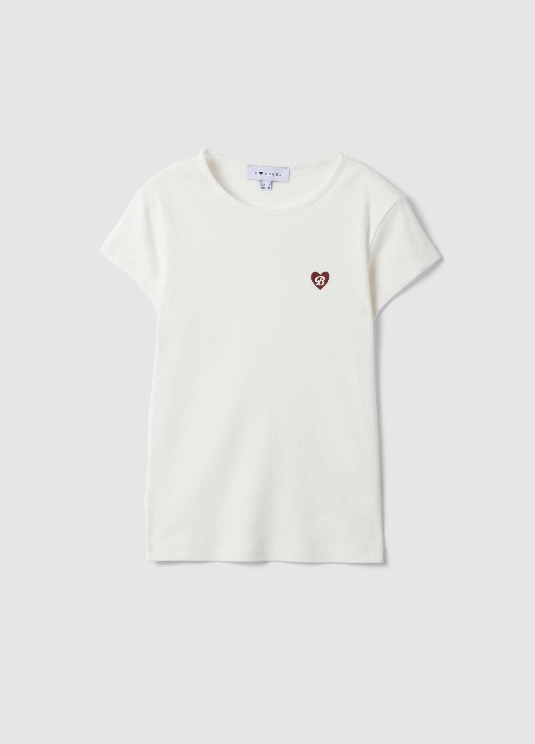 White pure cotton crew-neck T-shirt with heart print