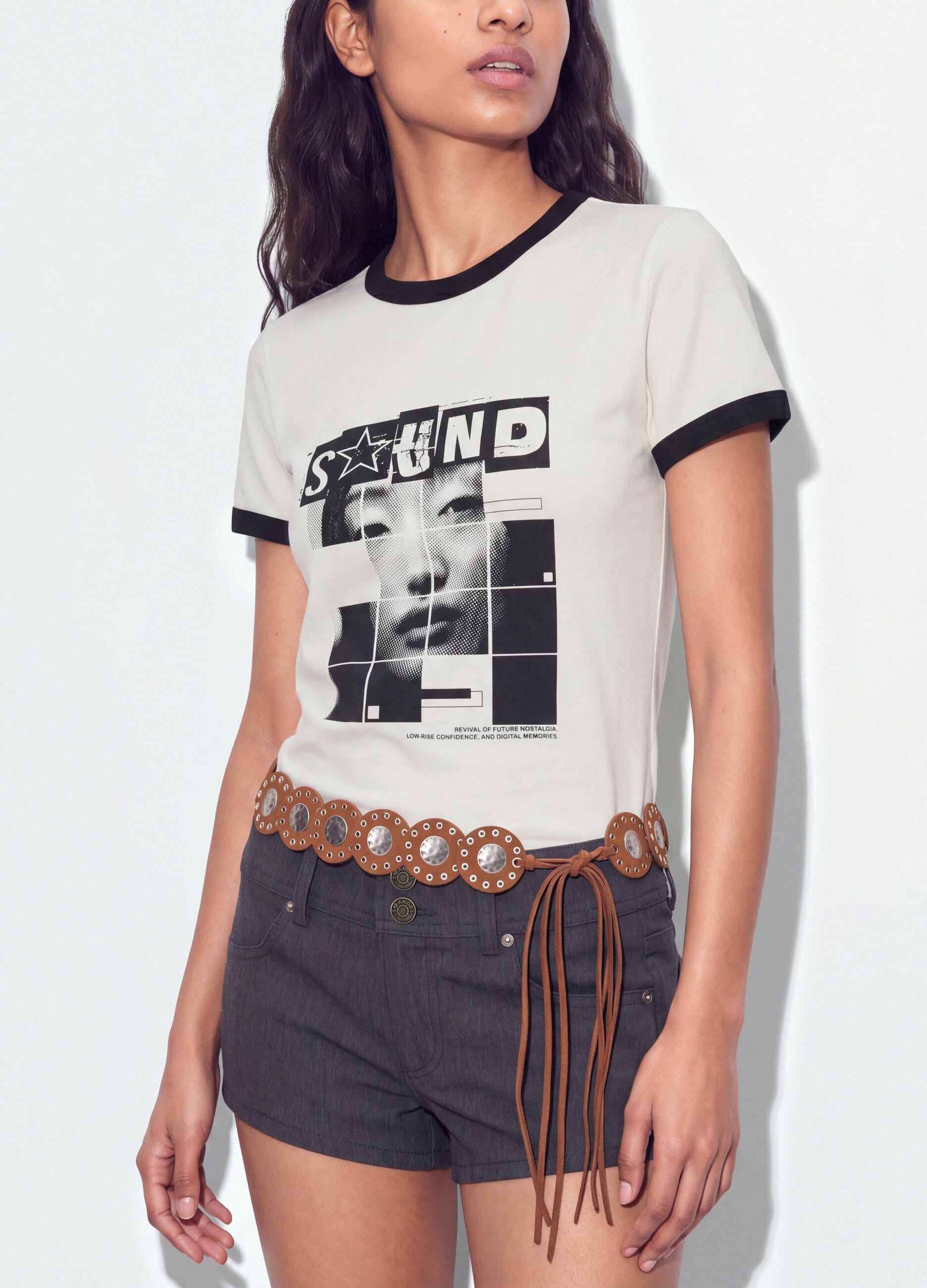 White cotton T-shirt with front graphic print and contrast trims