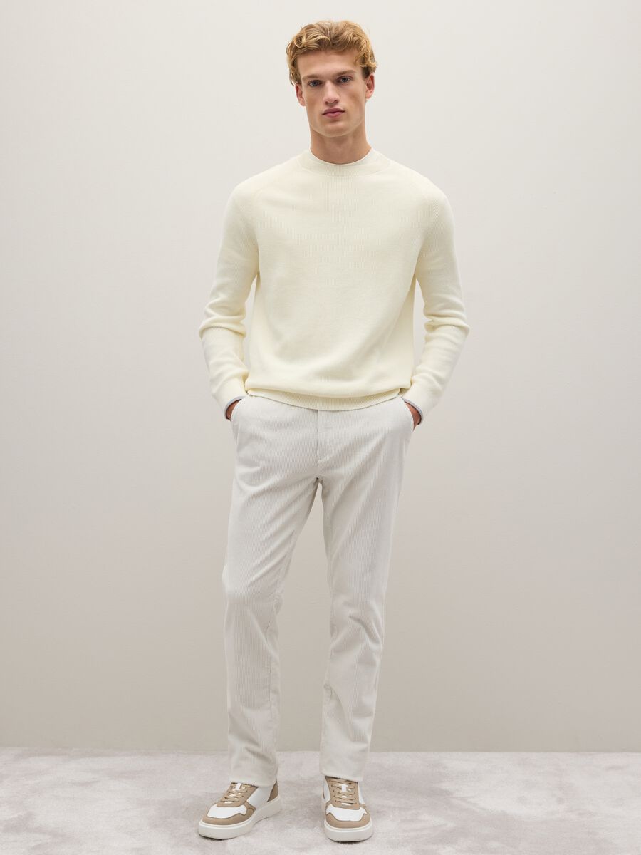 White stretch cotton blend trousers with fine ribbing_0