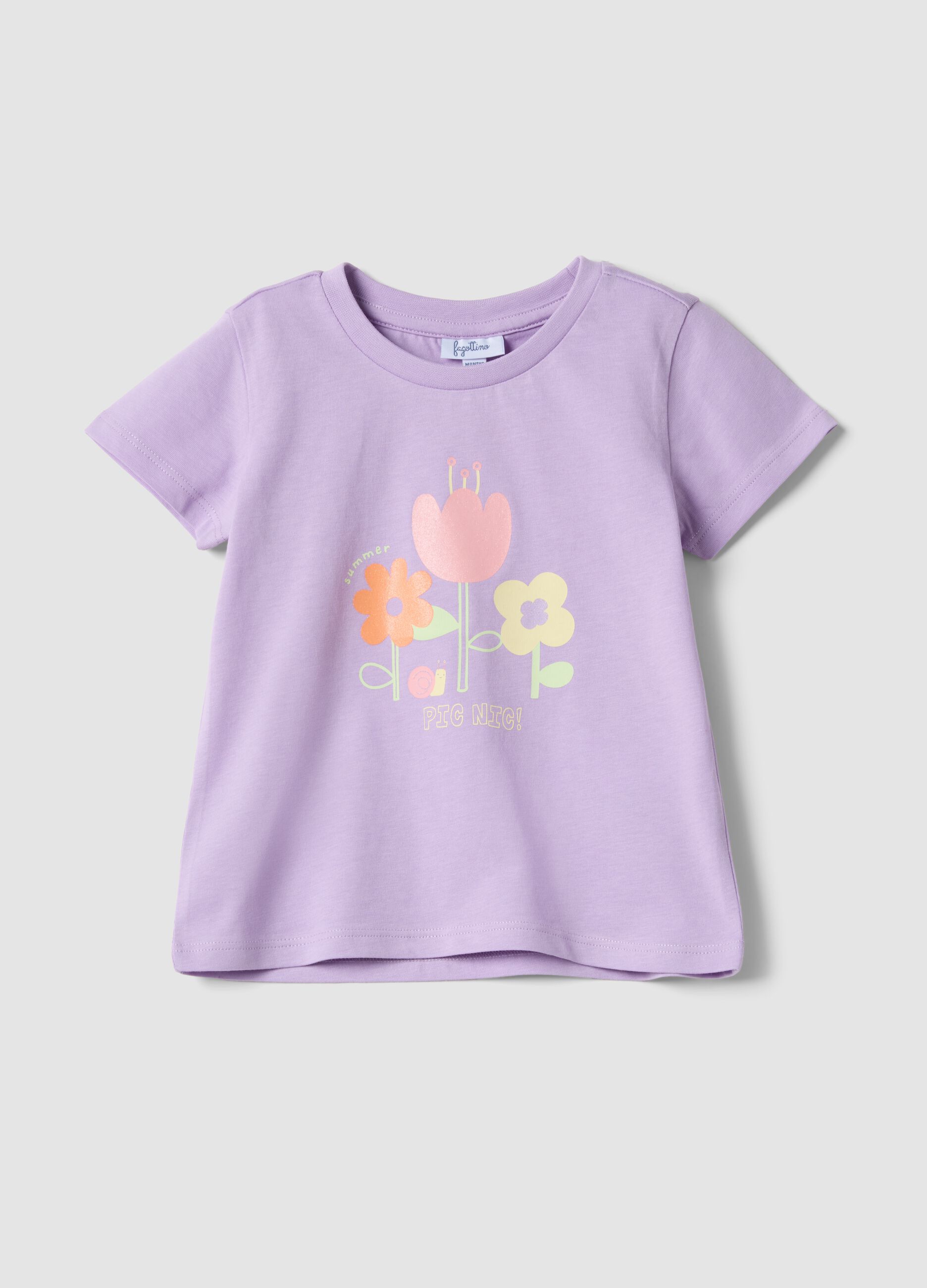 Girls' regular fit violet pure cotton T-shirt with floral print