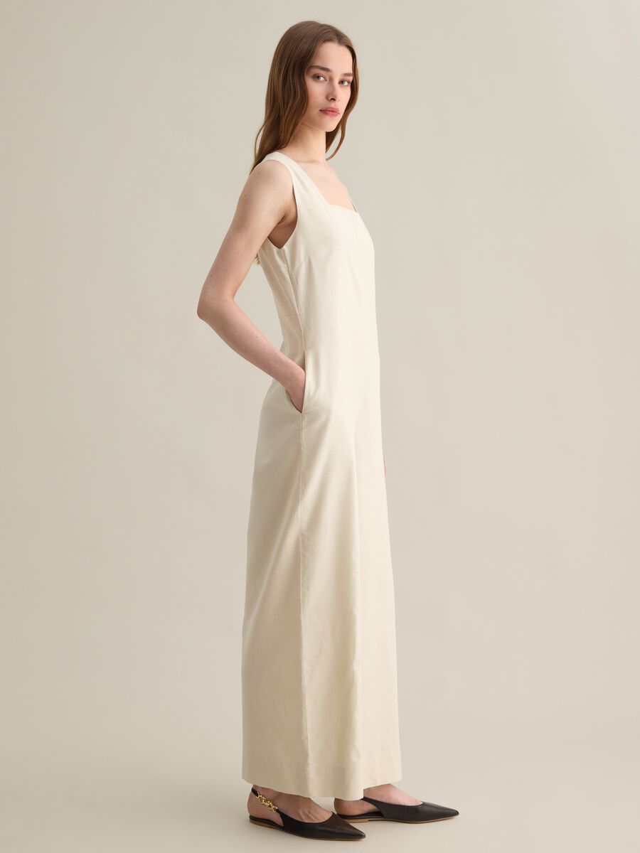 Sleeveless beige jumpsuit in cotton and linen_1