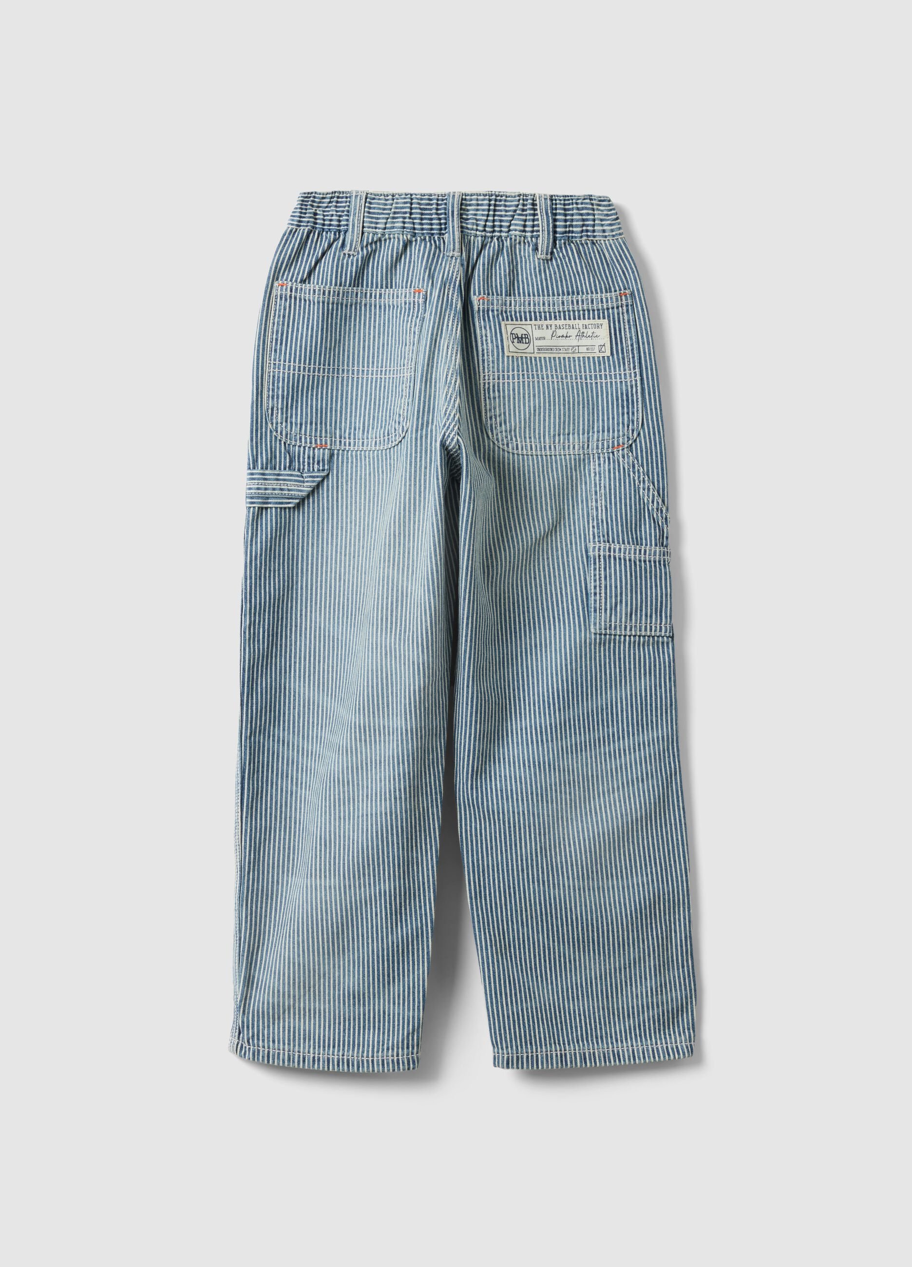 Boys&rsquo; multicolour striped pure cotton denim trousers, relaxed fit