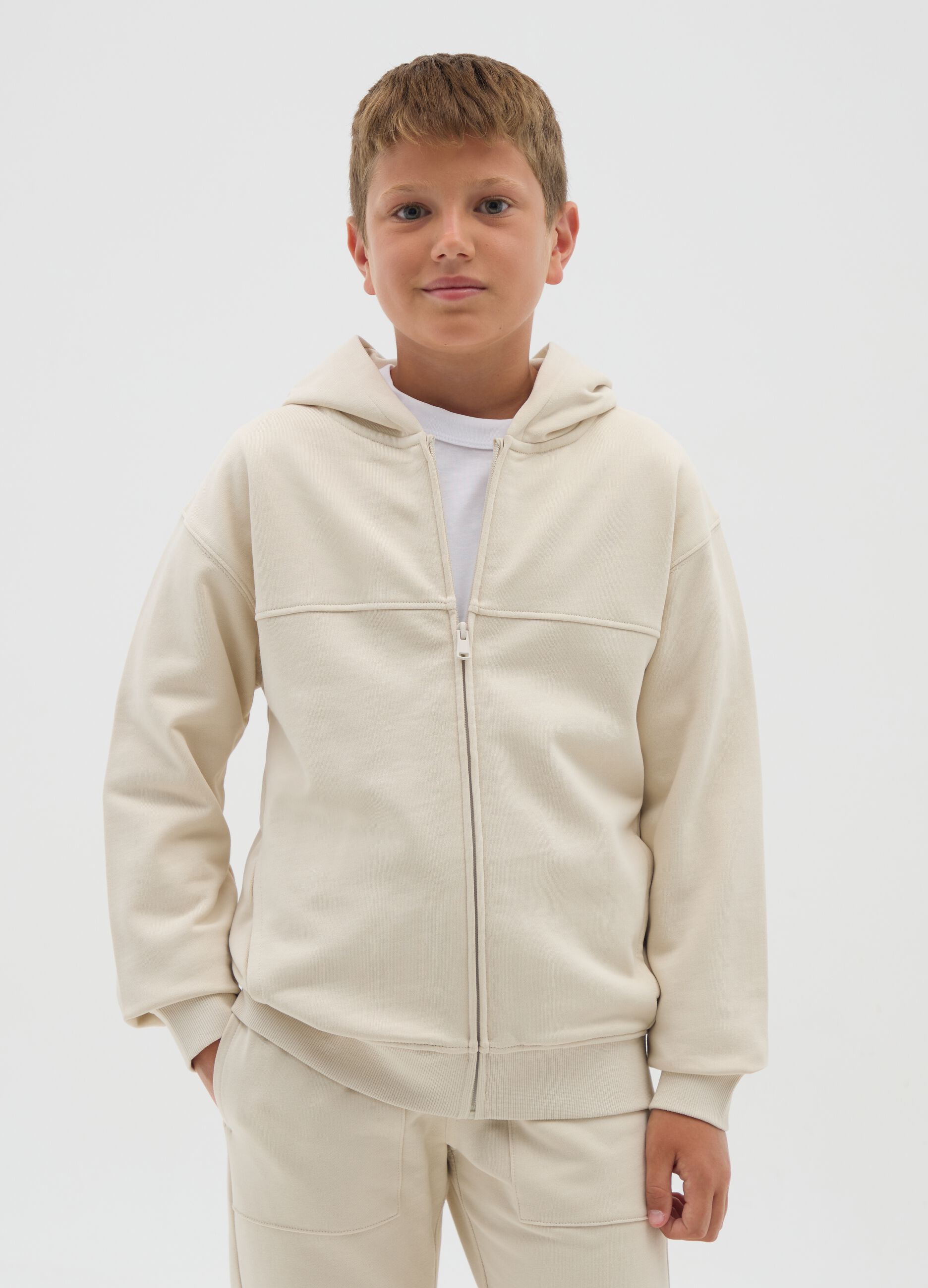 Boys' beige pure cotton hoodie regular fit