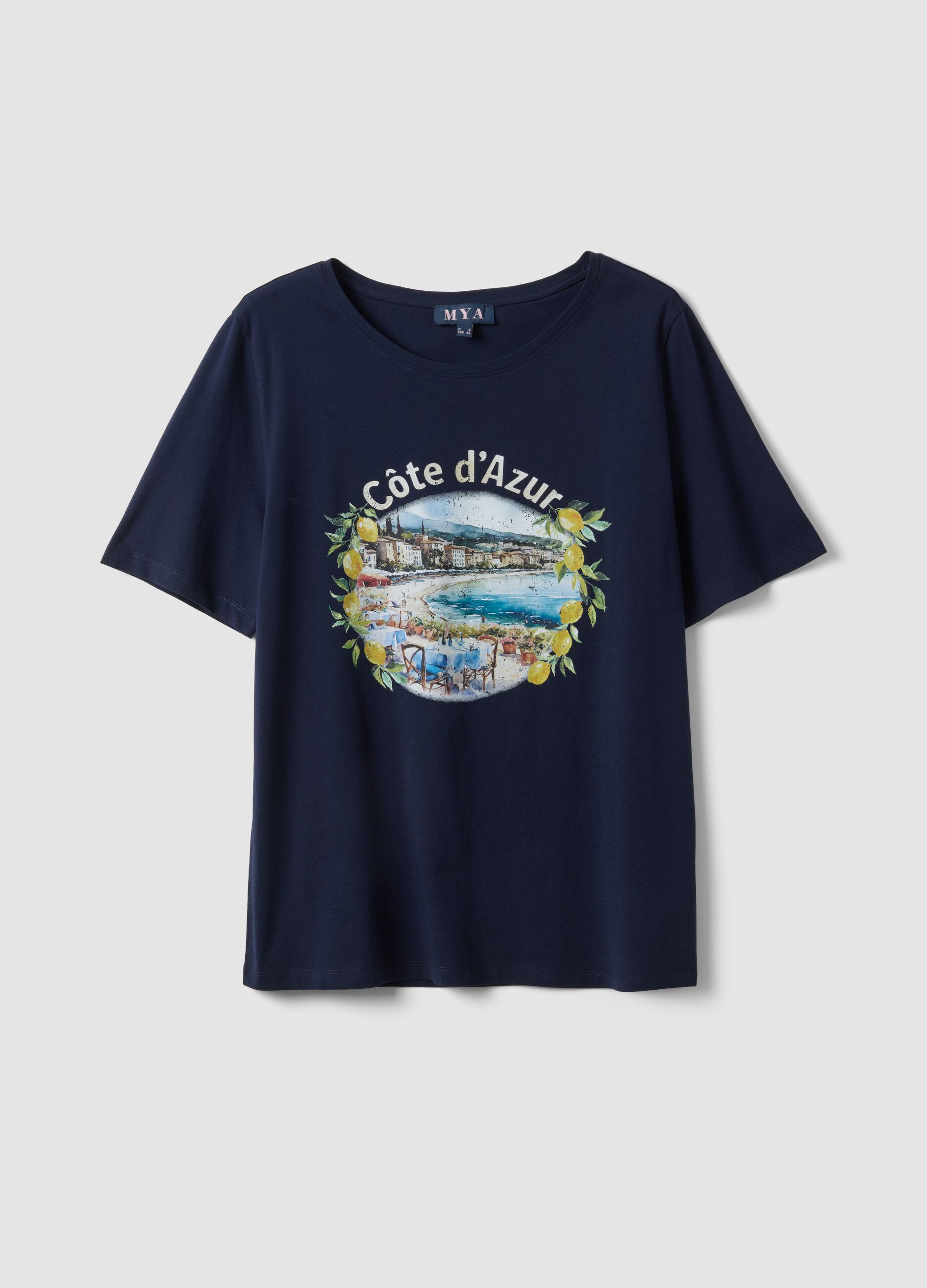 Blue pure cotton T-shirt regular fit with print