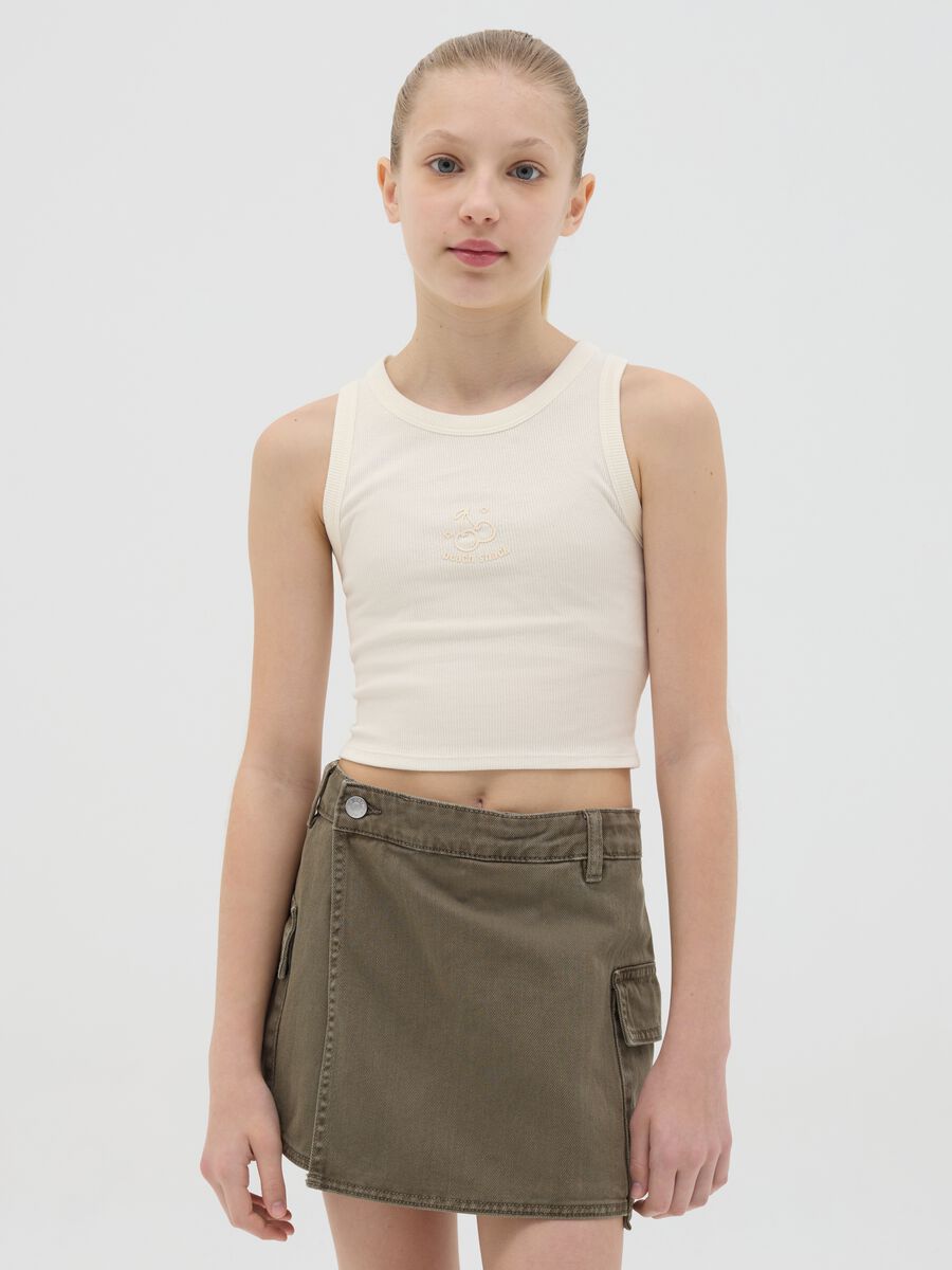 Tank top bianco in cotone stretch a costine con stampa_0