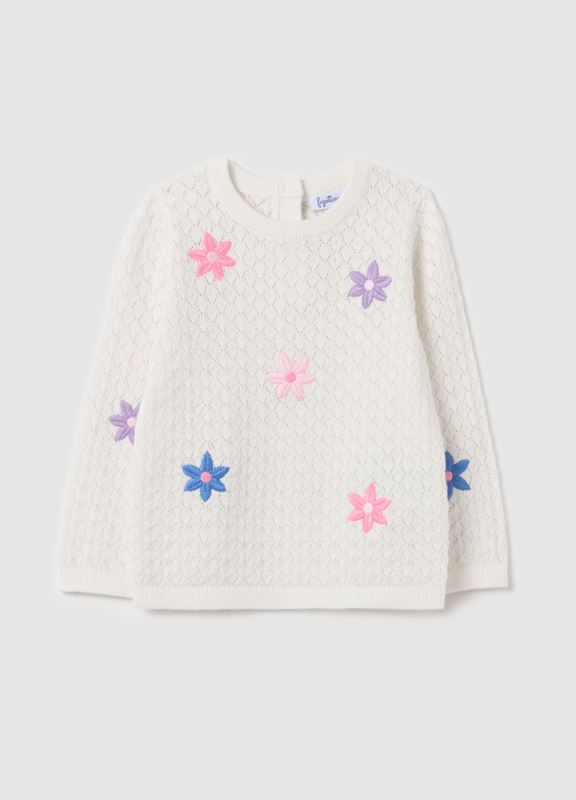 Pullover with pointelle design and flowers embroidery