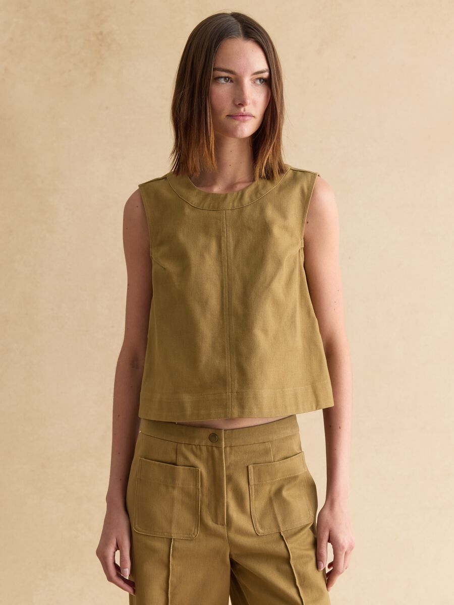 Brown Denim Sleeveless Blazer in Pure Cotton Regular Fit_1