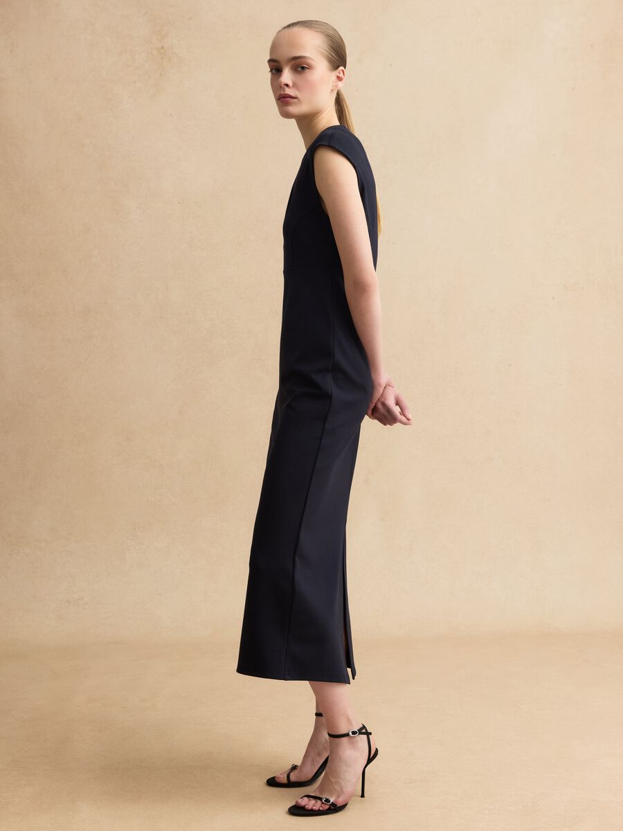 Sleeveless blue viscose blend slim fit dress with zip_0