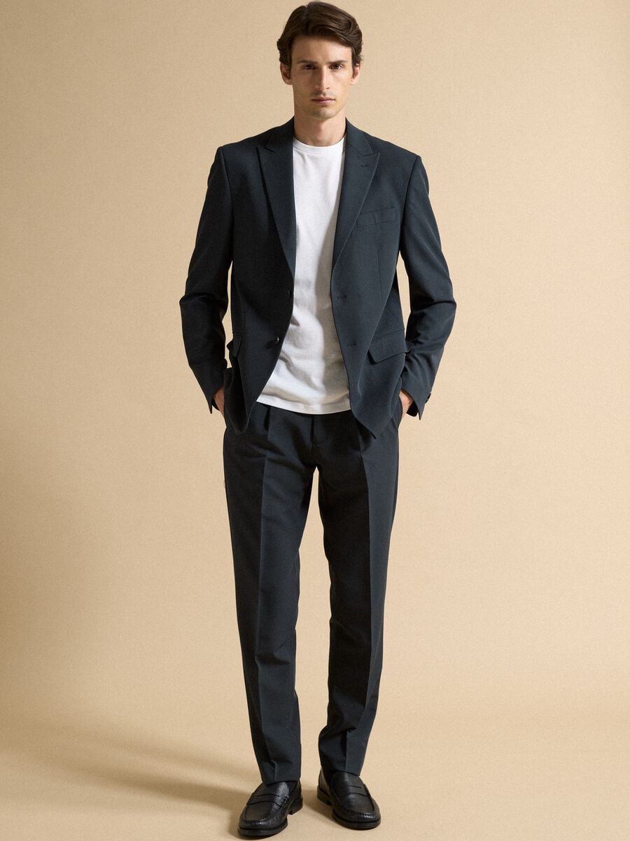 Navy slim-fit stretch viscose twill blazer with peak lapels_1