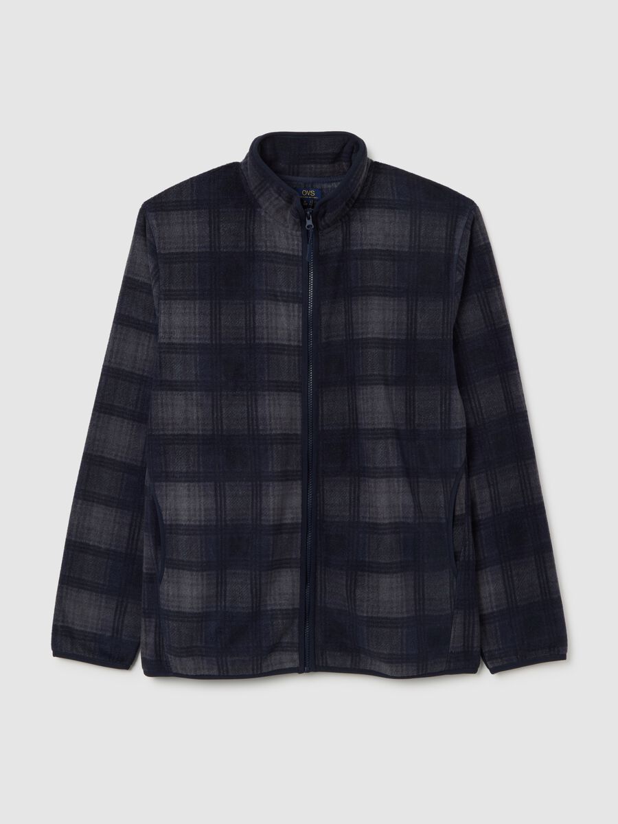 Felpa a collo alto blu con quadri regular fit in pile con zip_4