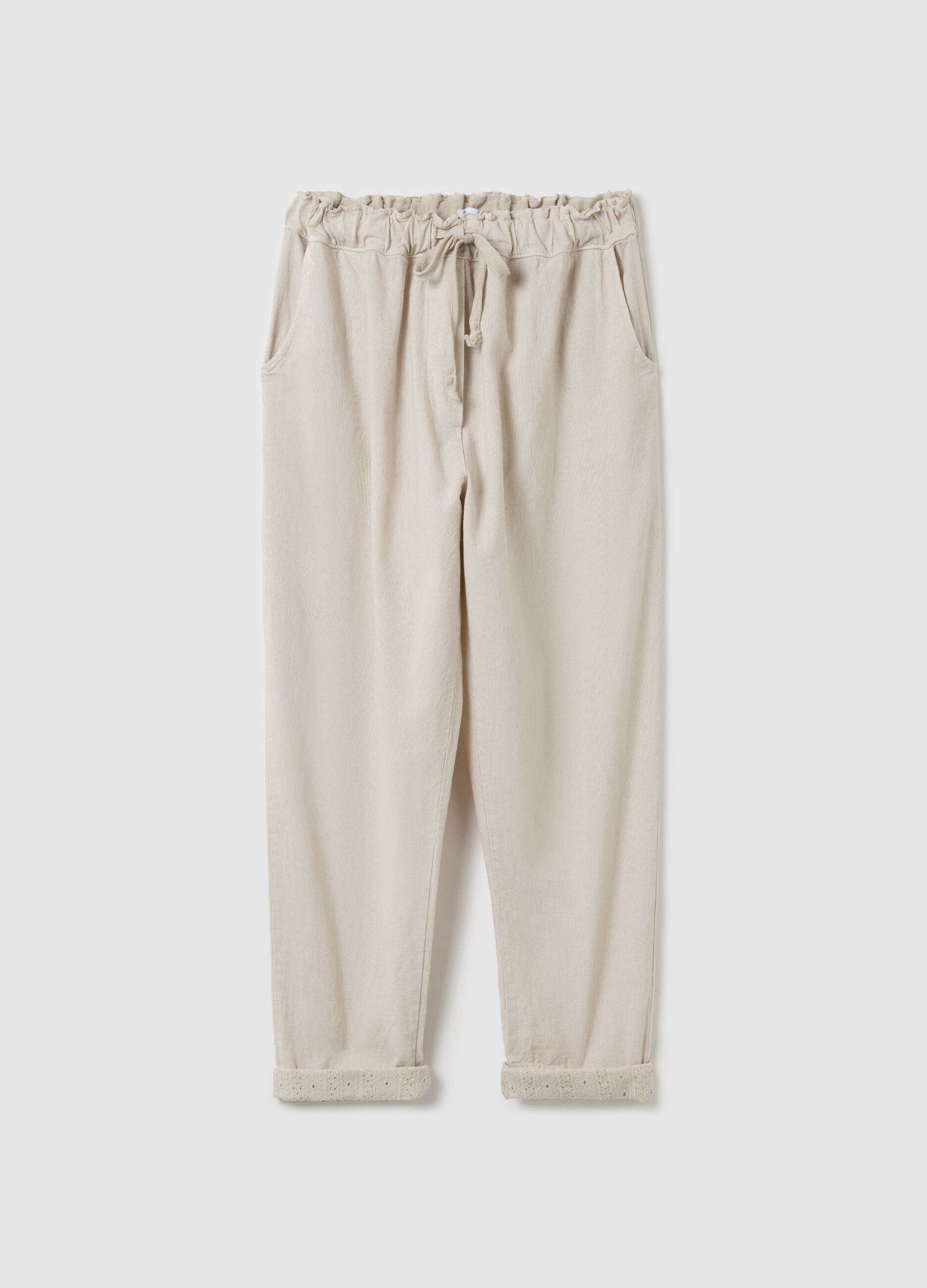 Beige trousers with drawstring and broderie anglaise details