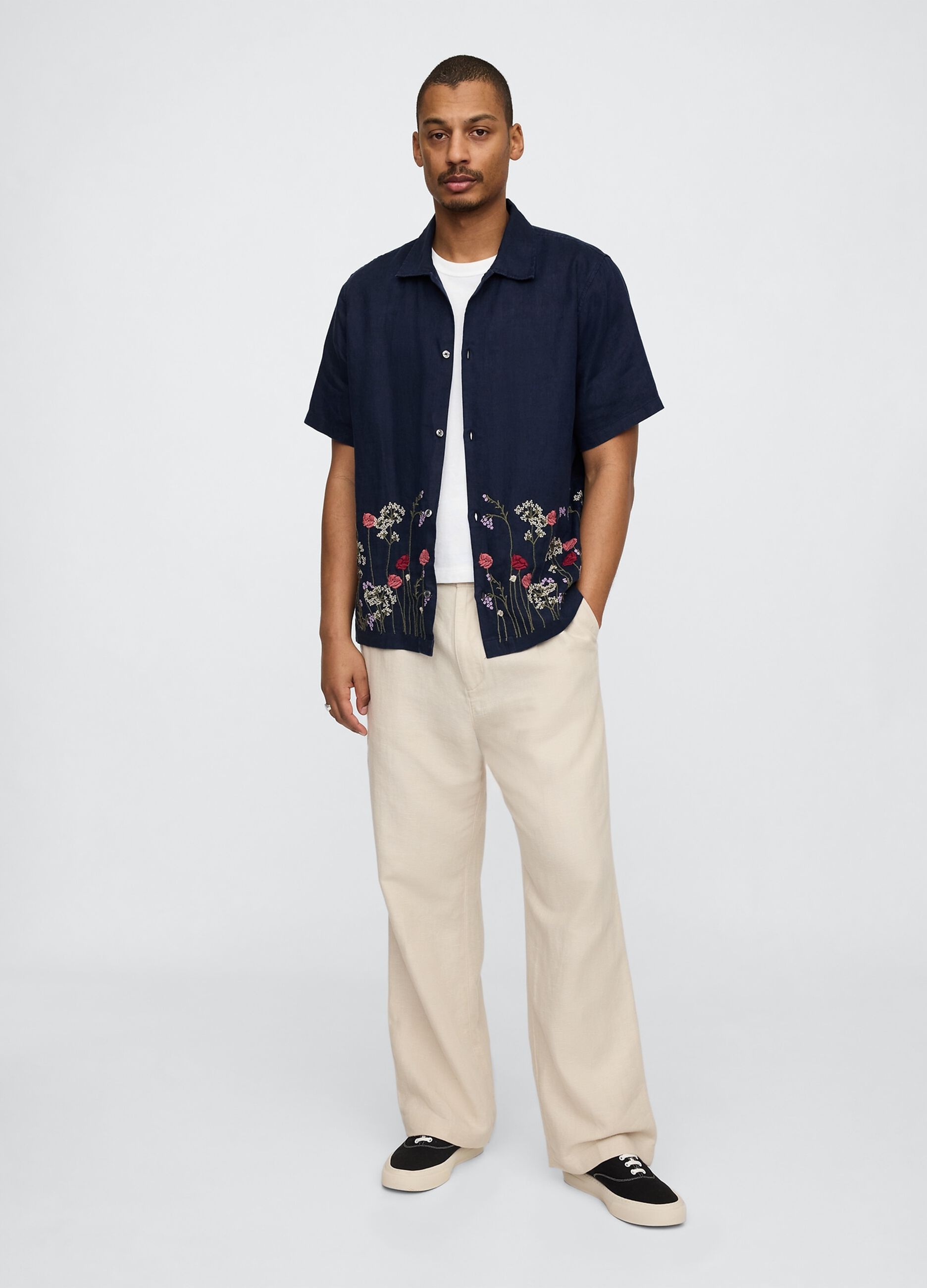 Blue Shirt with Floral Embroidery