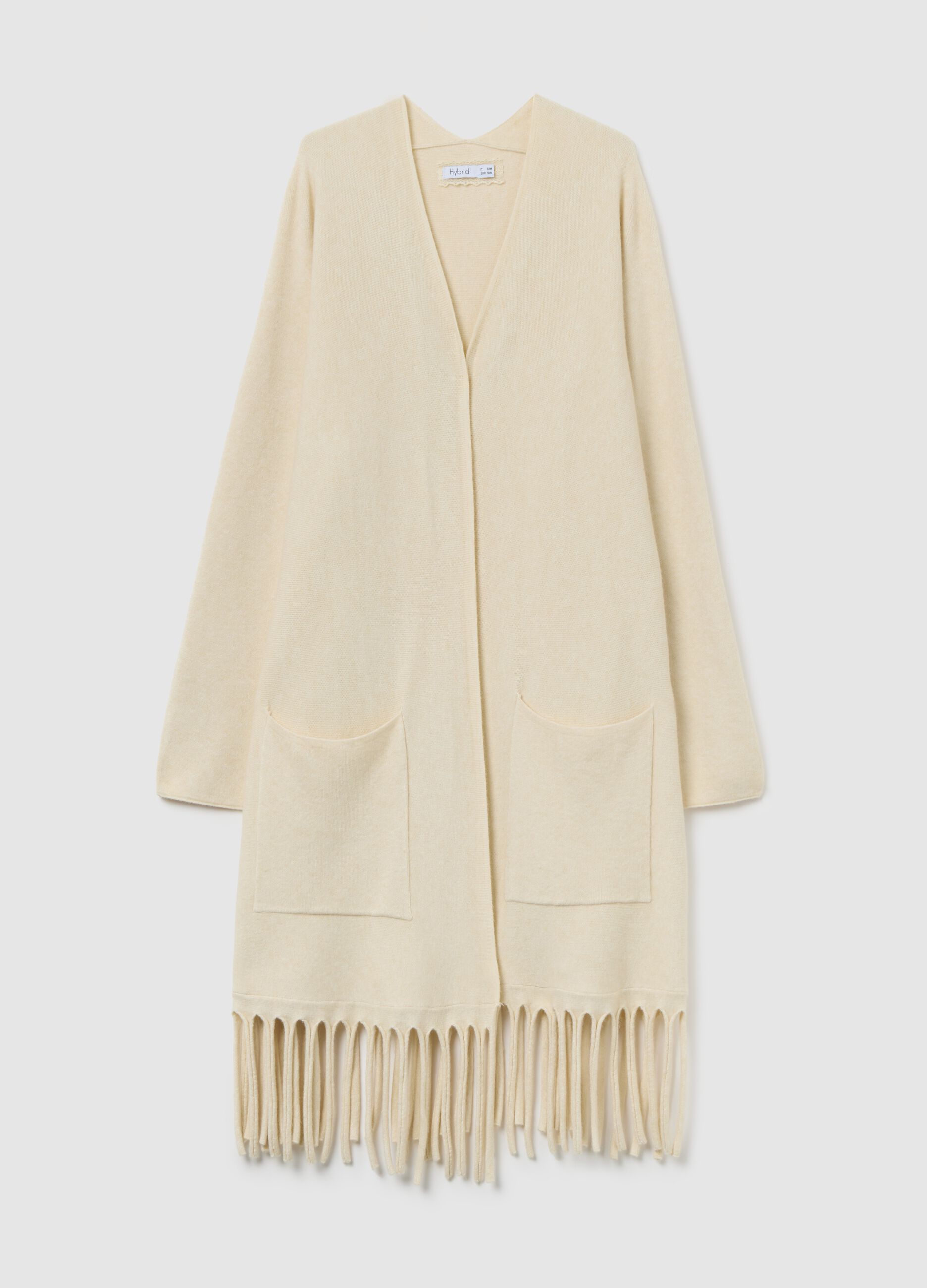 Light beige long cardigan with fringes at the hem