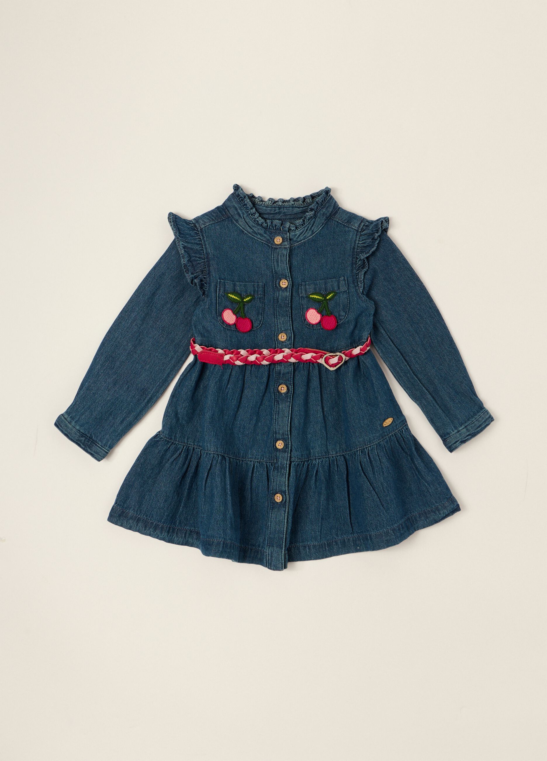 Baby girls&rsquo; pure cotton denim dress with cherry embroidery