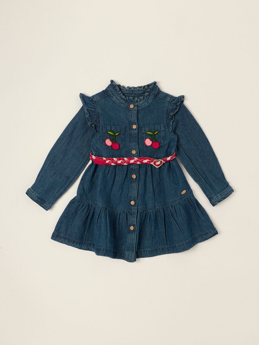 Abito denim con ricami ciliegie in puro cotone da neonata_0