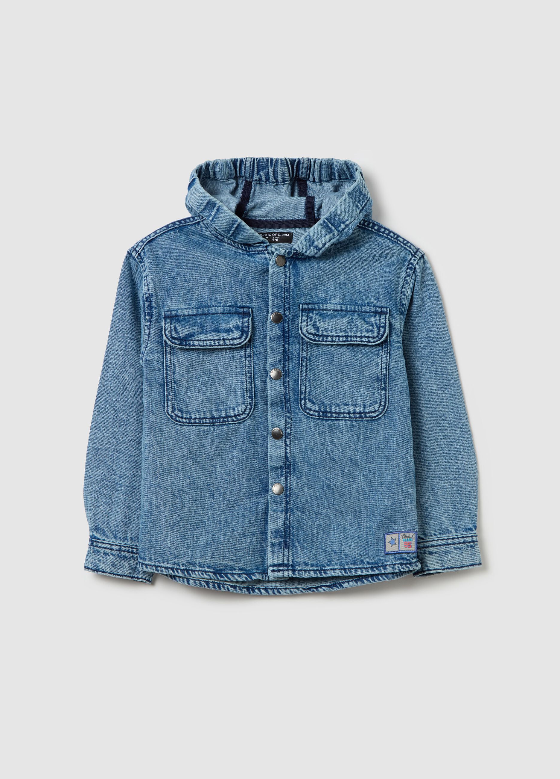 Denim shacket with hood