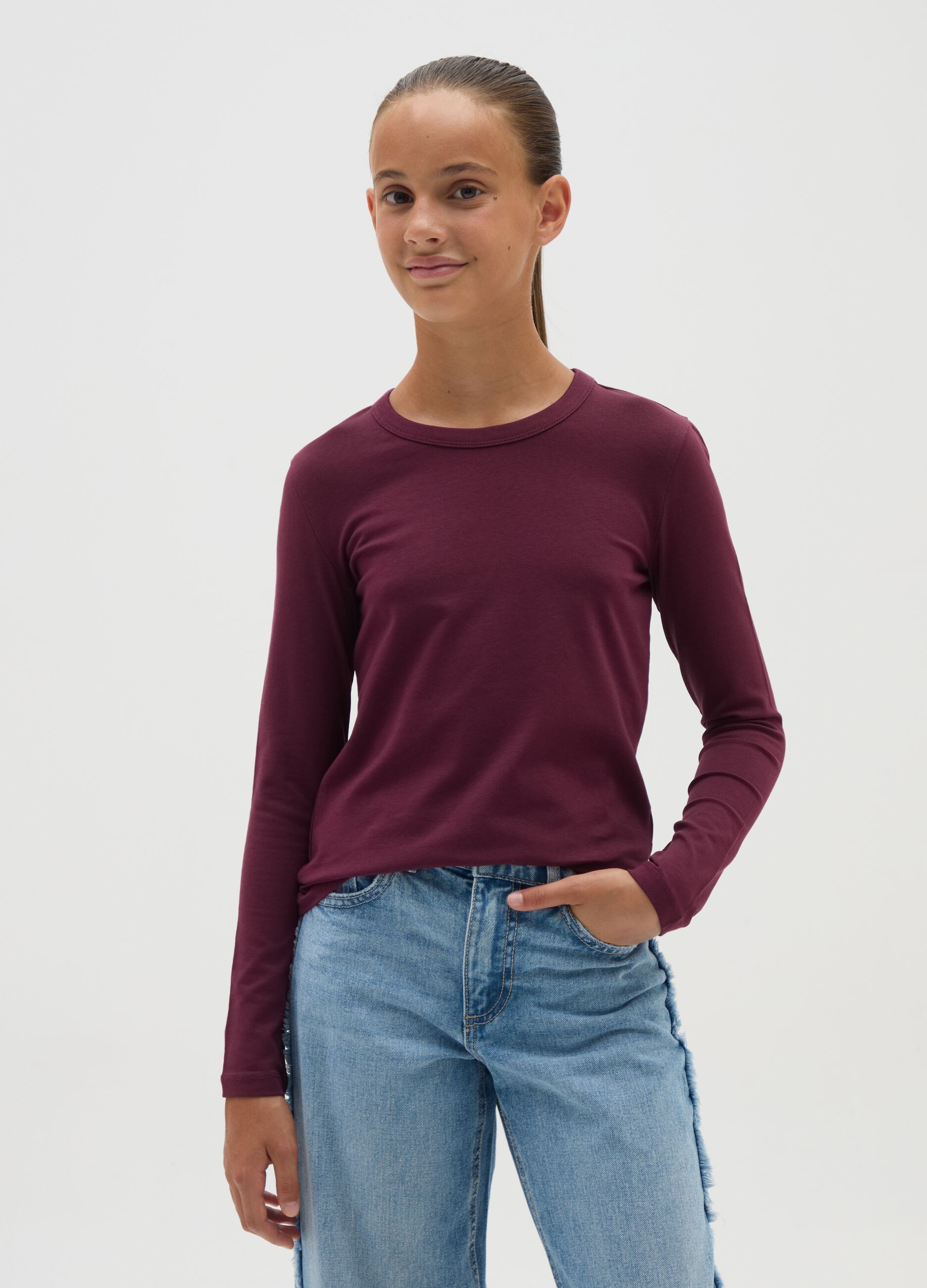 T-shirt a maniche lunghe da ragazza in tinta unita bordeaux