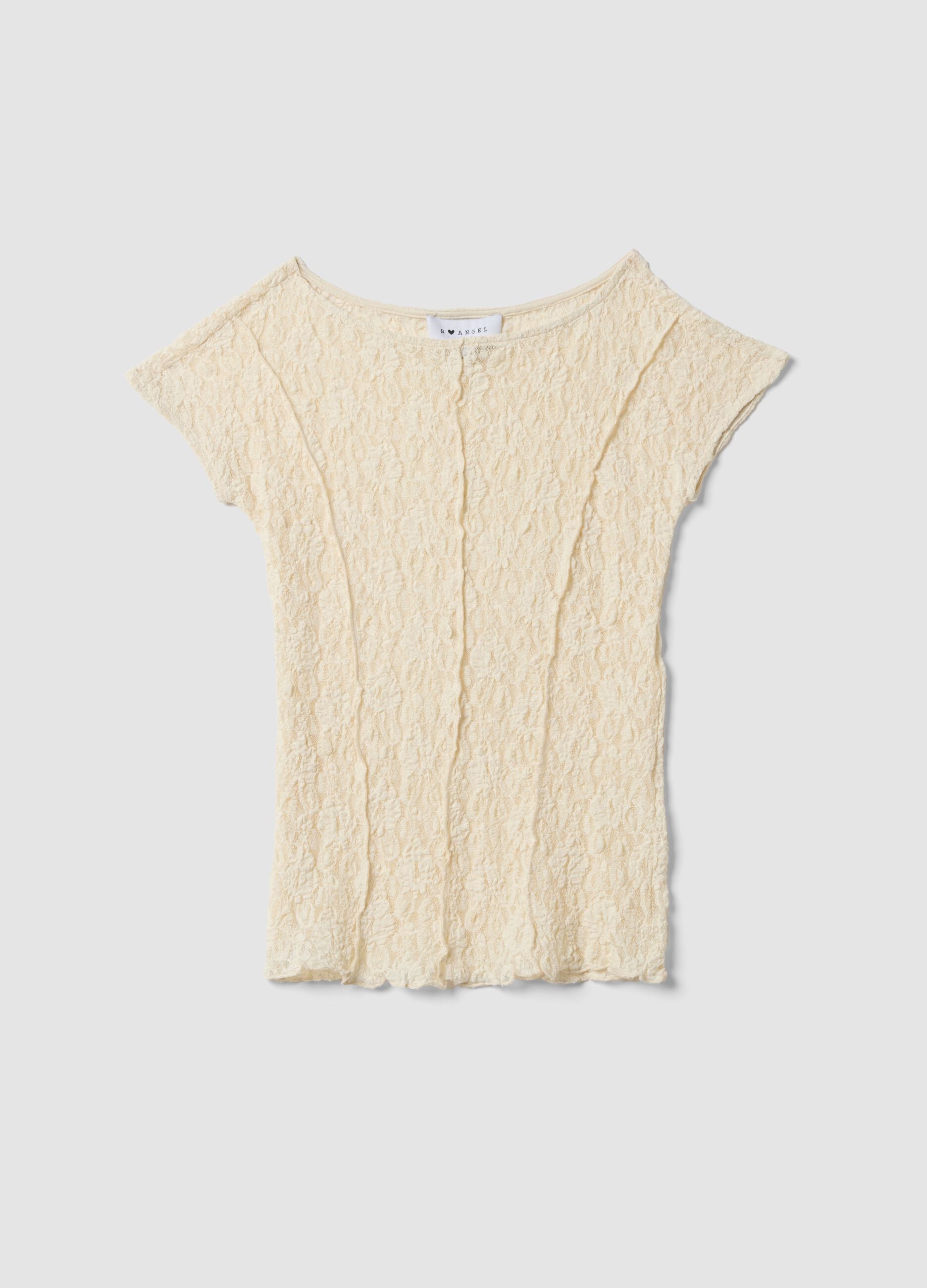 White stretch T-shirt with raised floral texture