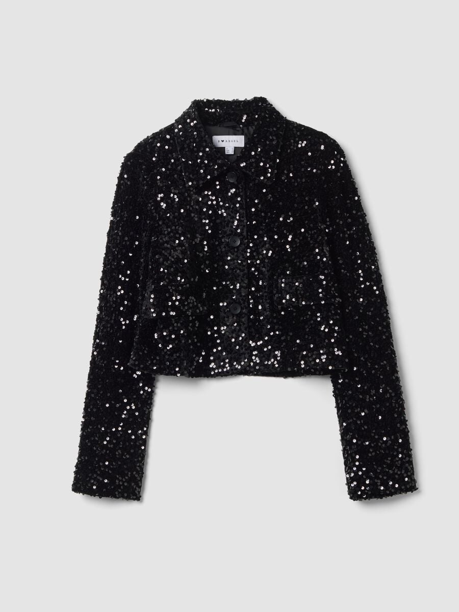 Blazer chenille nero regular fit con paillettes_0