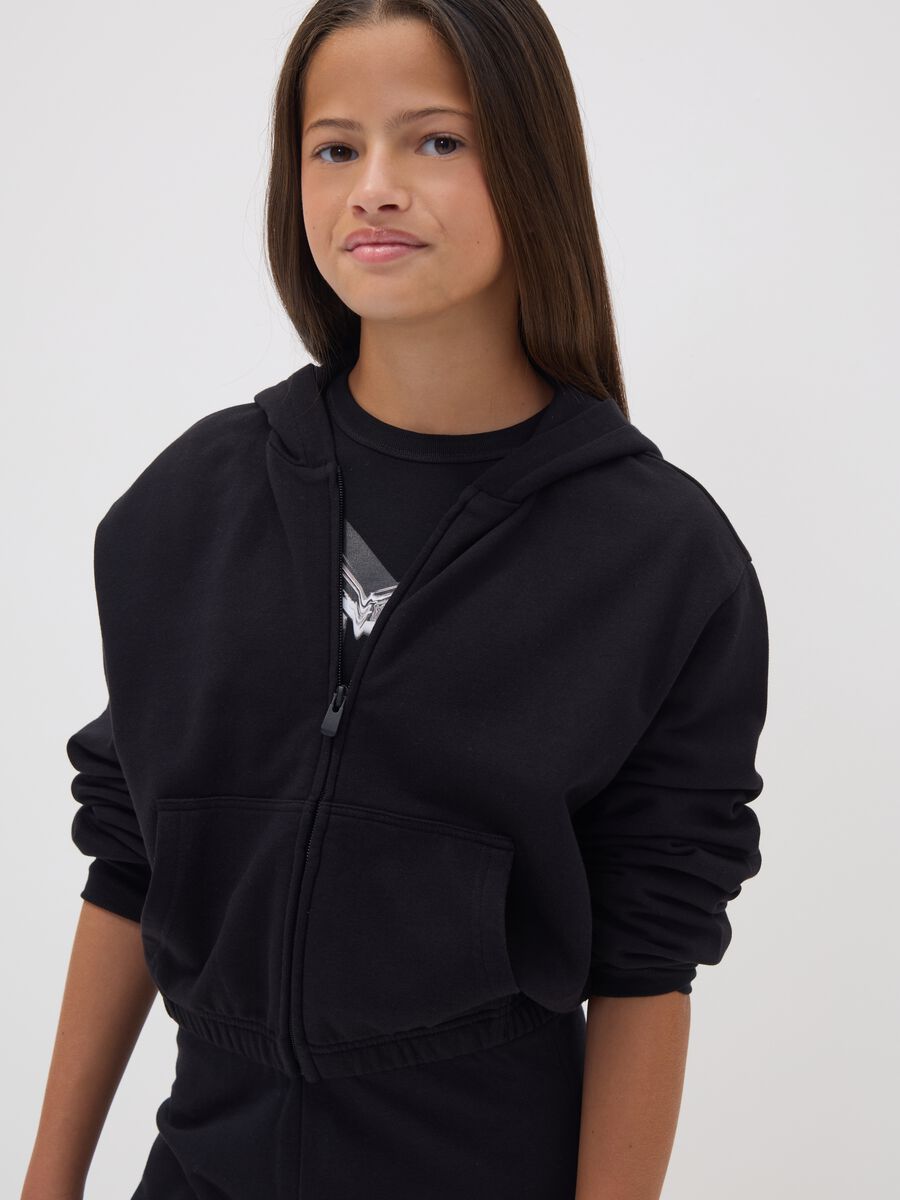 Short black pure cotton hoodie with crew neck for girls_0