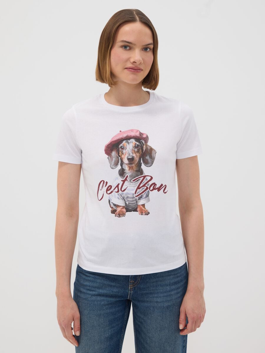 T-shirt bianca in puro cotone jersey e stampa cagnolino regular fit_0