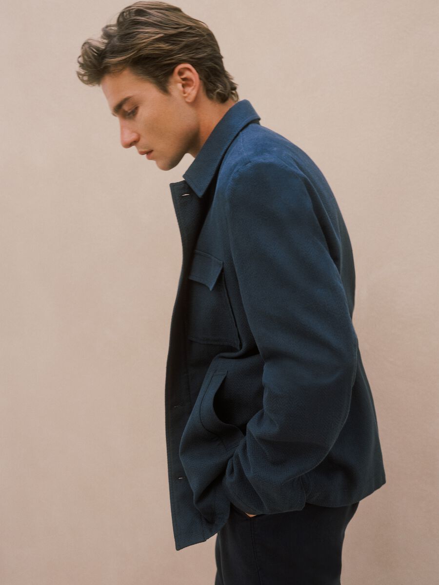 Blazer in misto cotone e lino blu regular fit_0