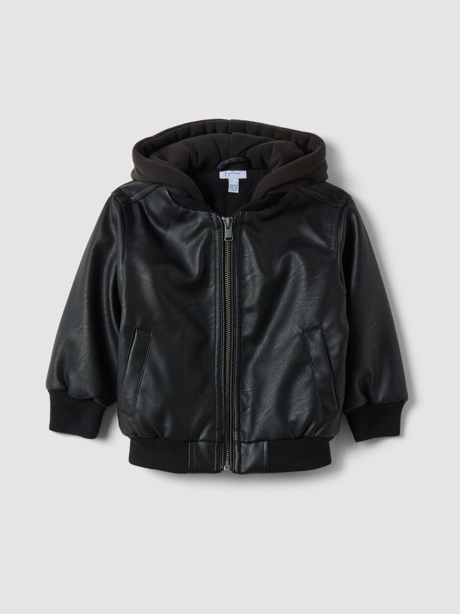 Black padded hooded zip-up bomber jacket for boys_1