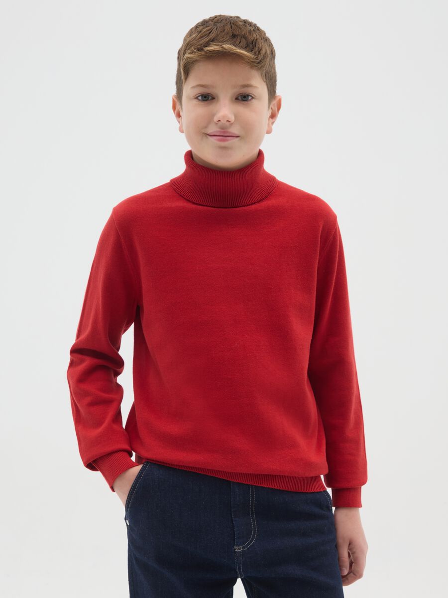 Maglione rosso a collo alto da ragazzo in puro cotone regular fit_0