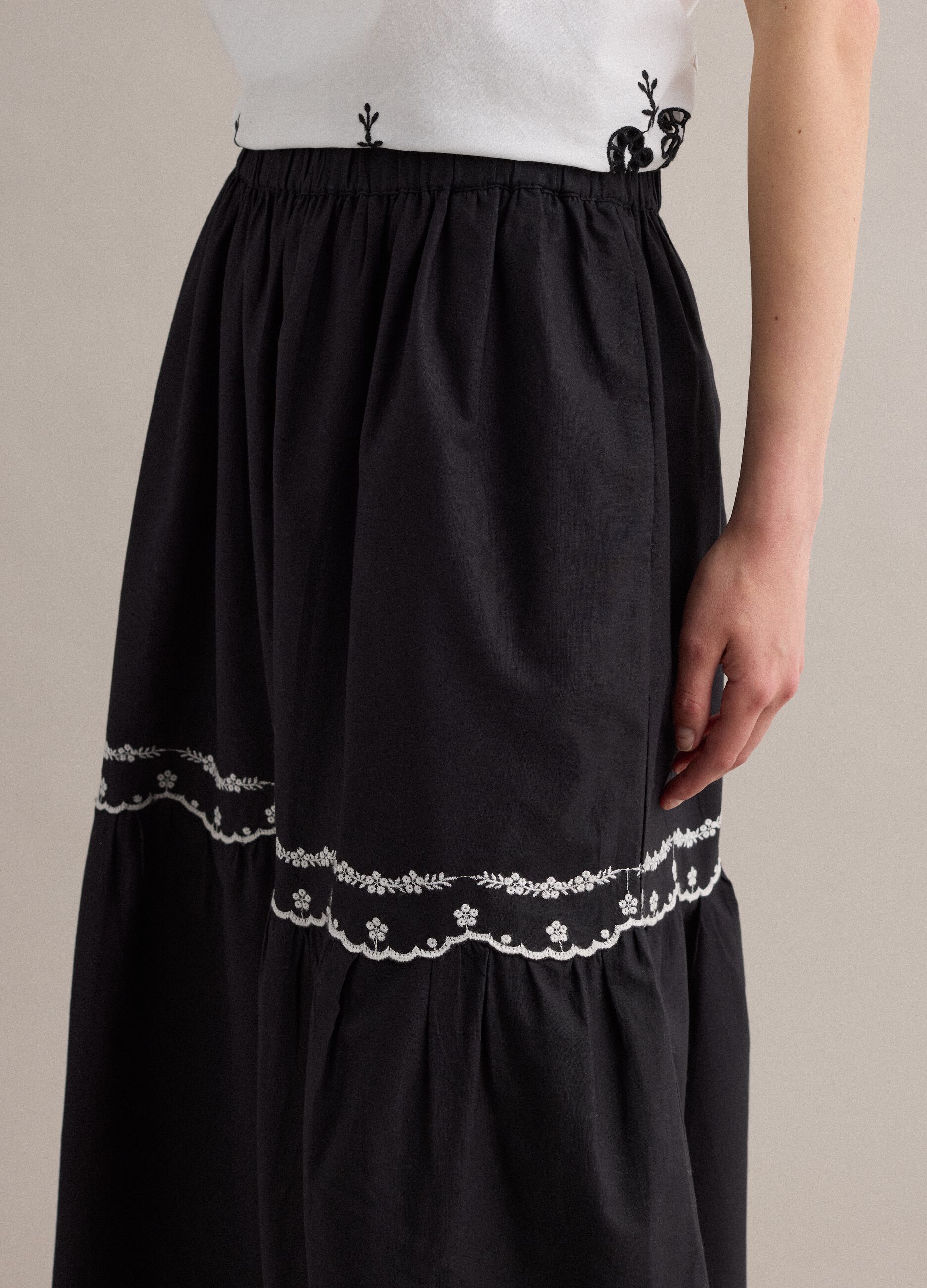 Long blue pure cotton skirt with embroidery