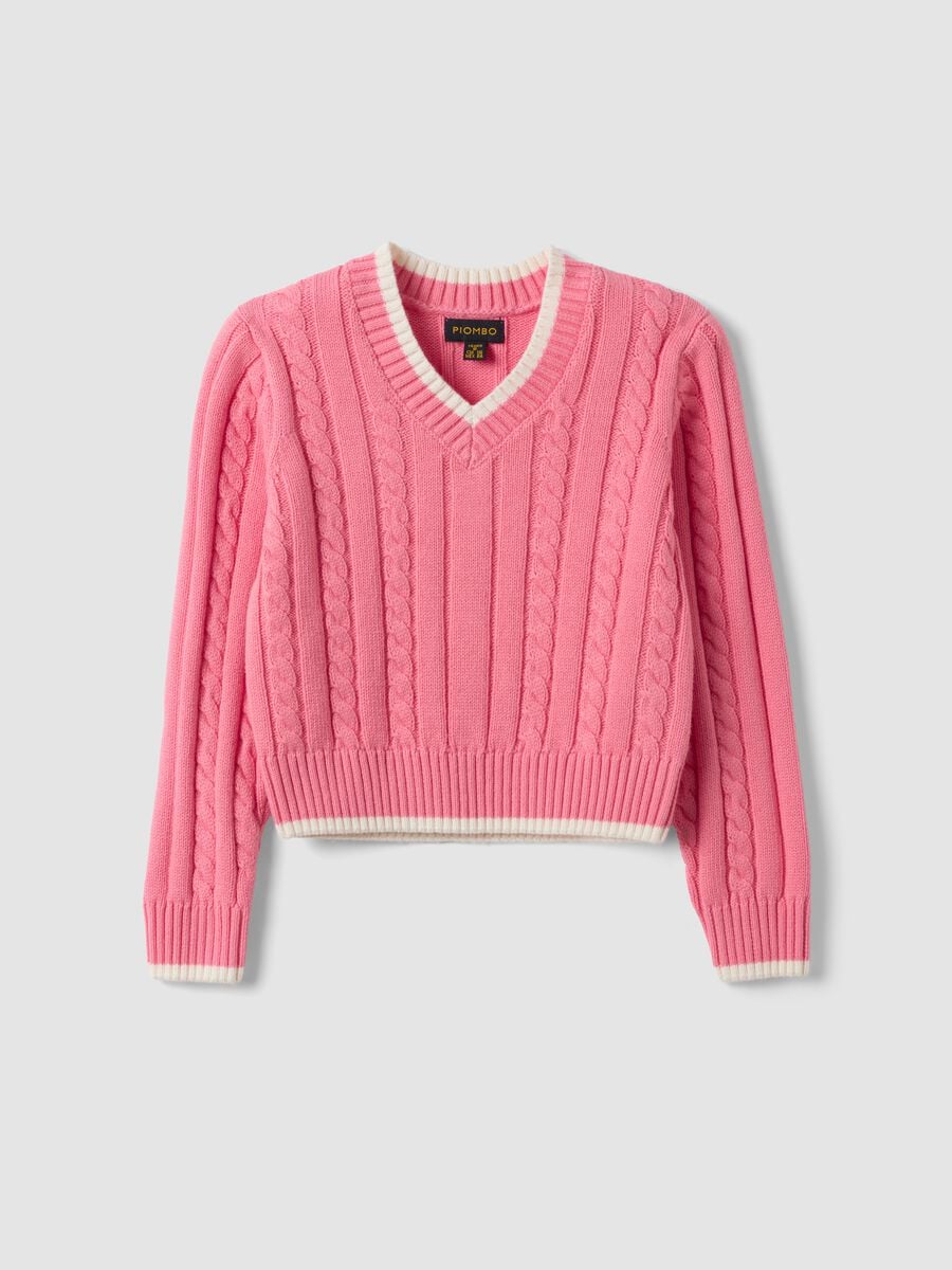 Maglia rosa in puro cotone a trecce con scollo a V per bambina_0