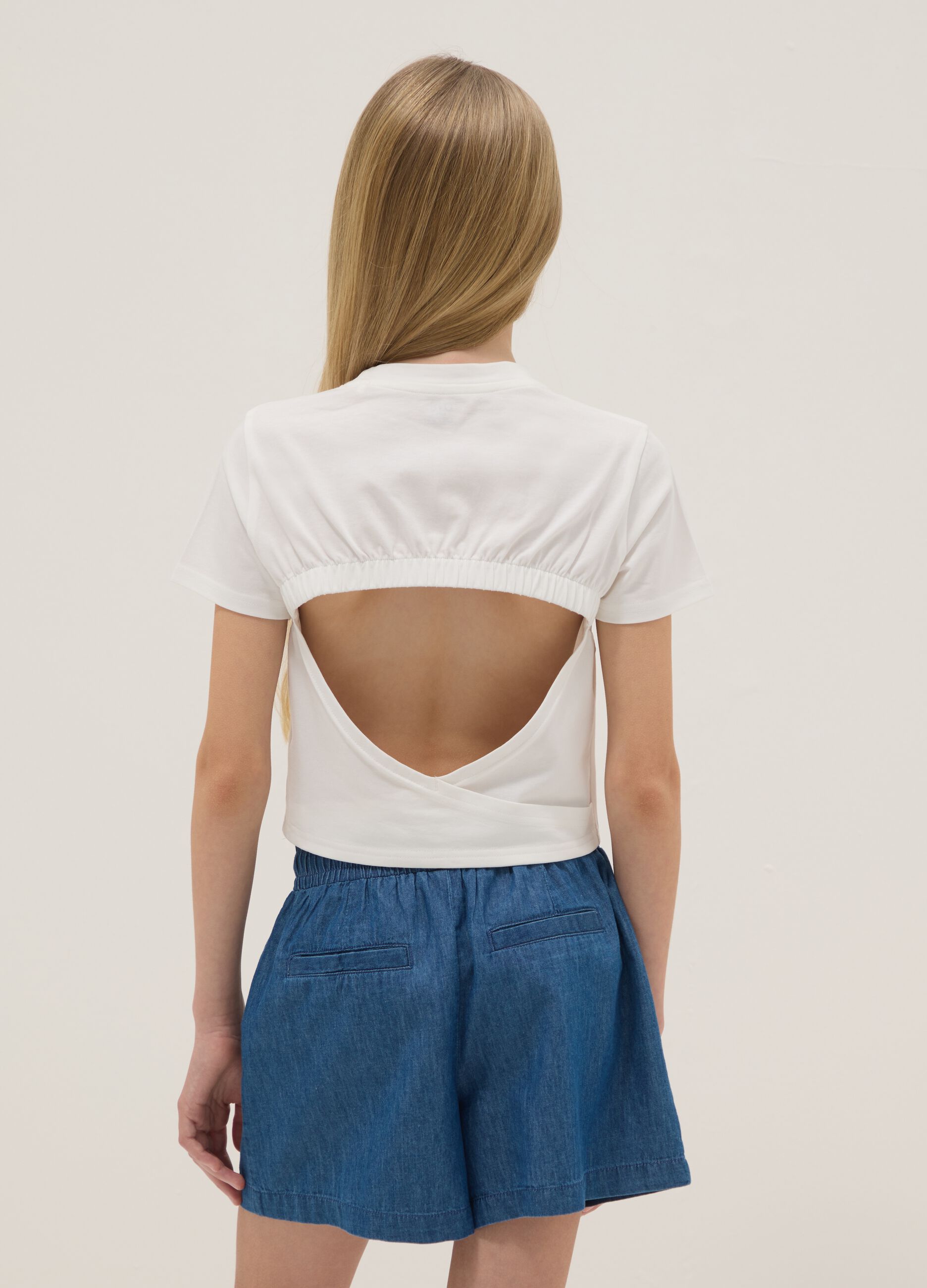 Girls' fitted white stretch cotton T-shirt