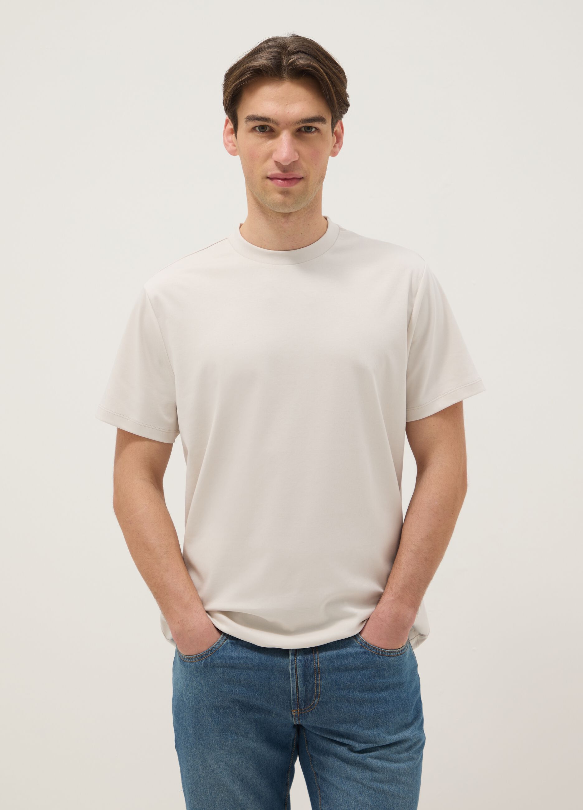 T-shirt girocollo in puro cotone beige regular fit