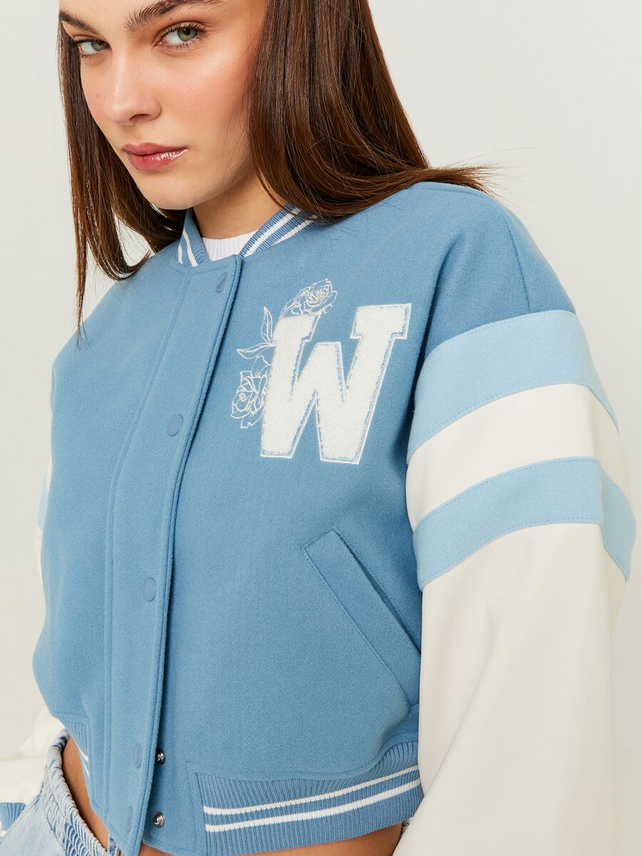 Varsity bomber jacket with embroidery and bouclé application_1