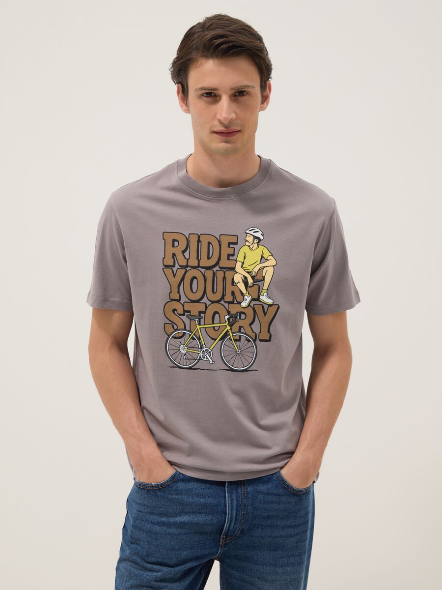 Grey pure cotton T-shirt with front print, regular fit_0