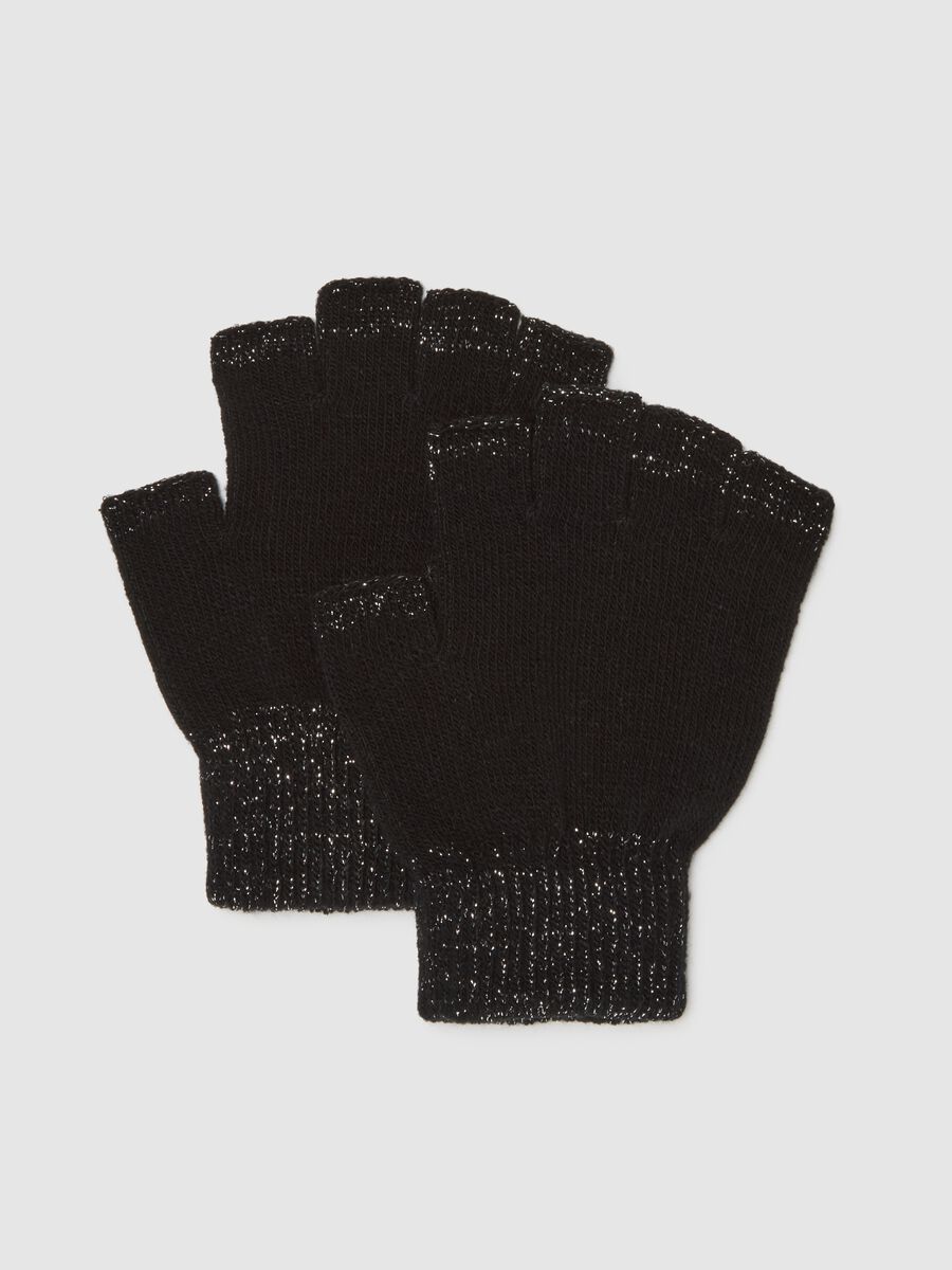 Black stretch fabric fingerless gloves_0