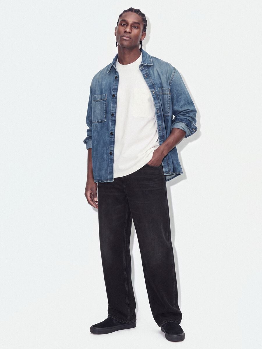 Blue pure cotton denim shirt, regular fit_1