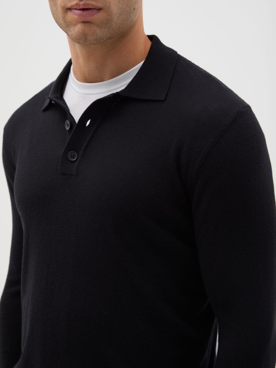Black long-sleeve polo in cotton and silk blend regular fit_3
