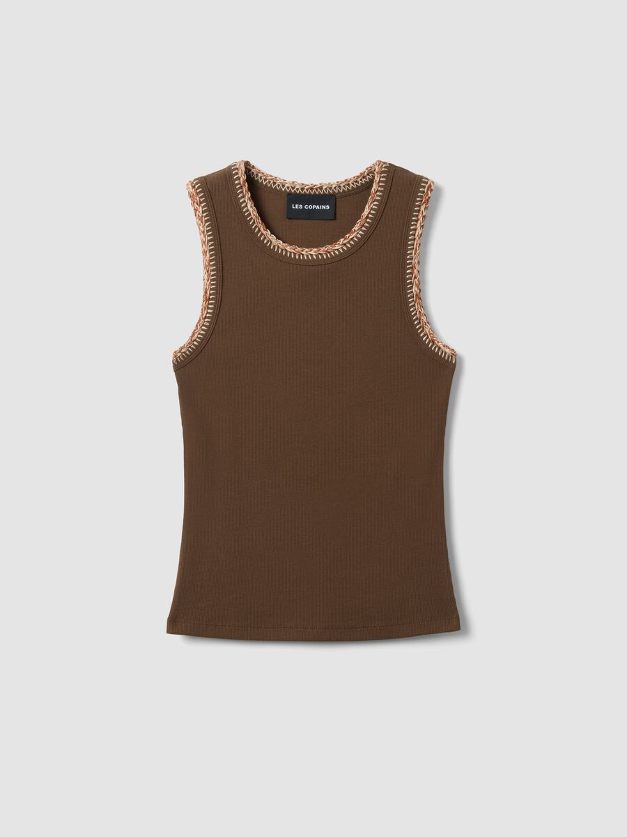 Brown Stretch Cotton Tank Top with Regular Fit and Embroidered Edges_0