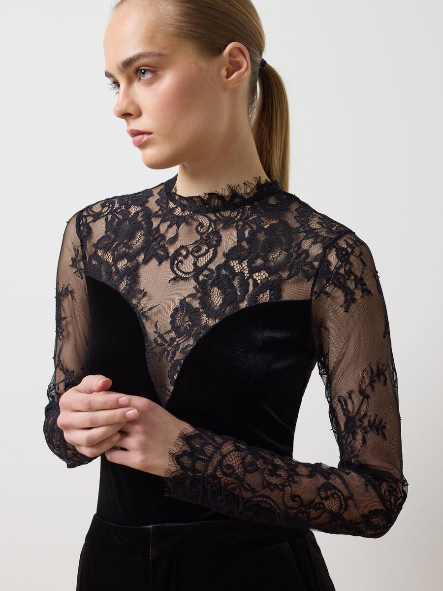 Black stretch fabric bodysuit with sheer details_0