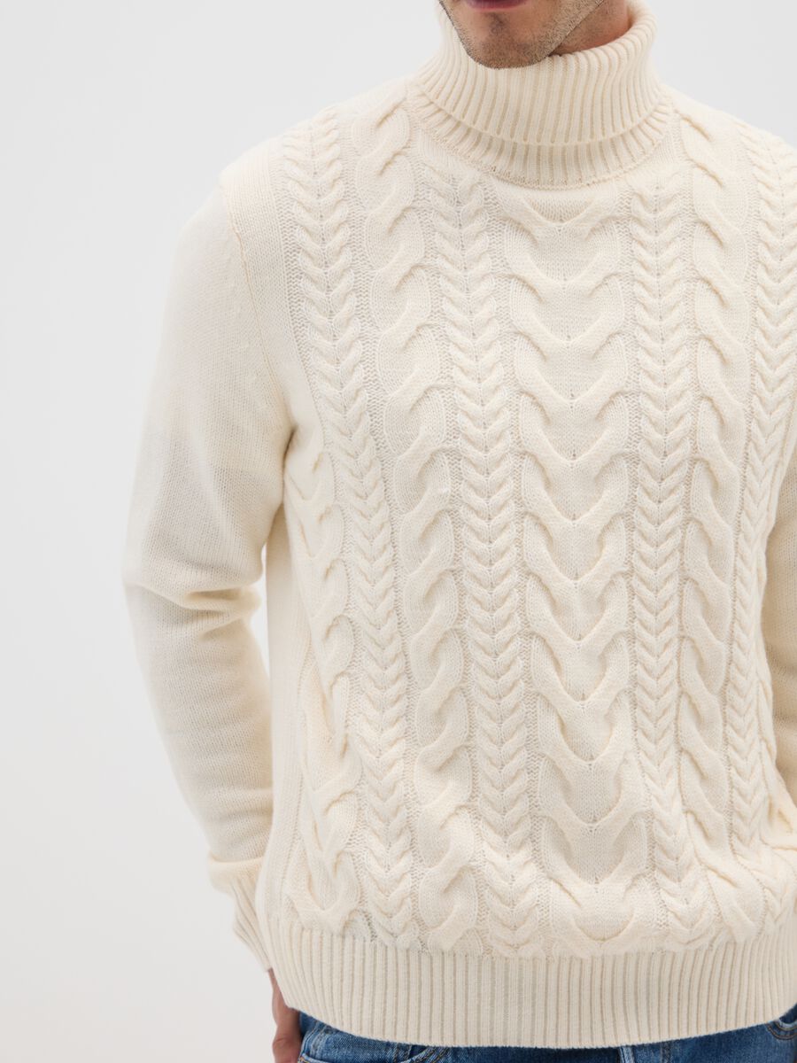 Beige Regular Fit Roll Neck Jumper with Jacquard Pattern_3