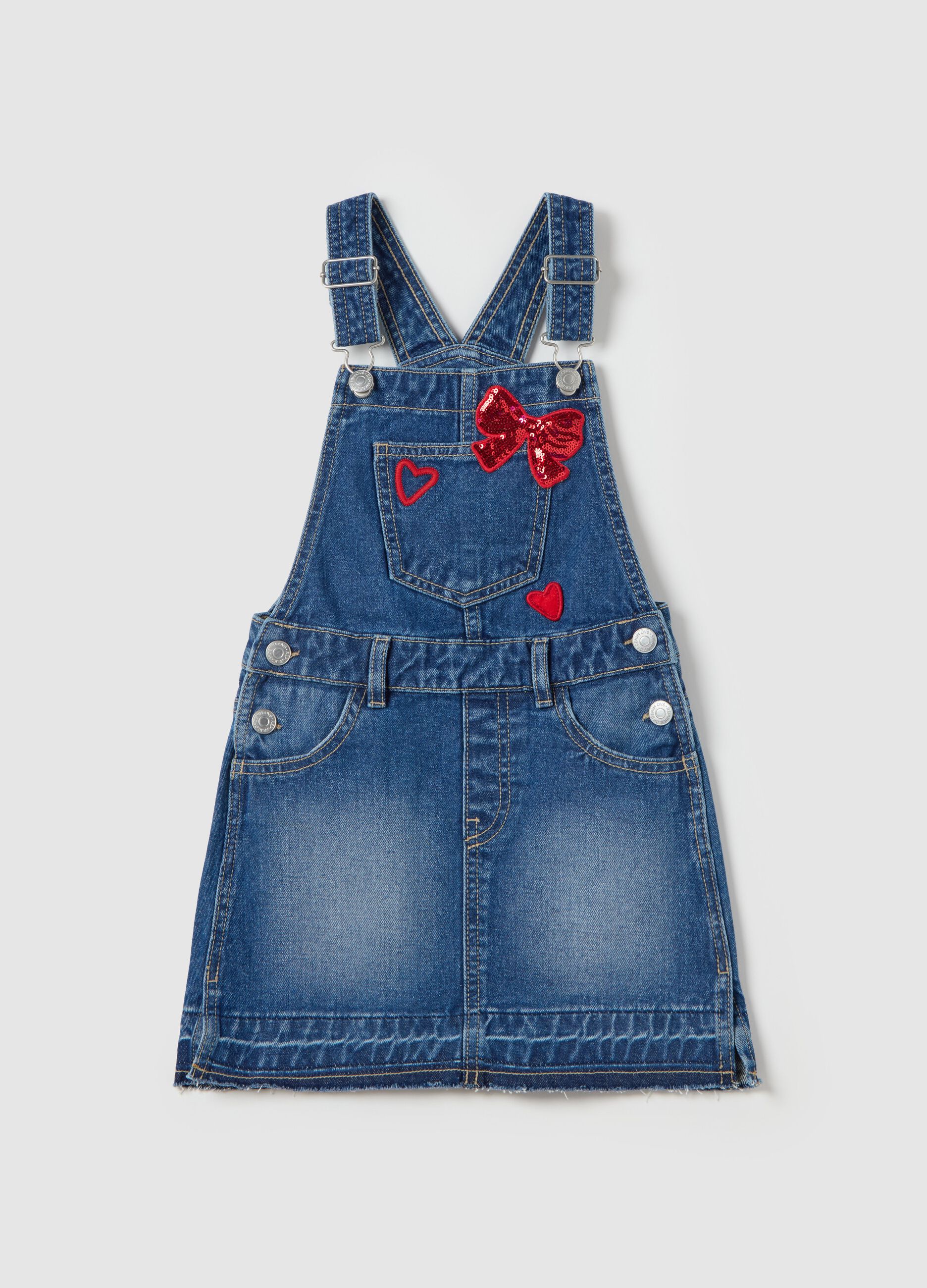 Pinafore in denim with hearts embroidery